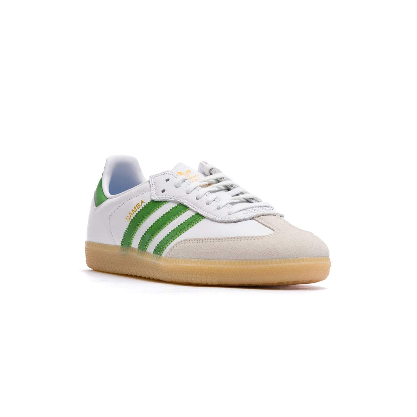 white leather adidas samba adv with grey suede to, gum sole and green stripes