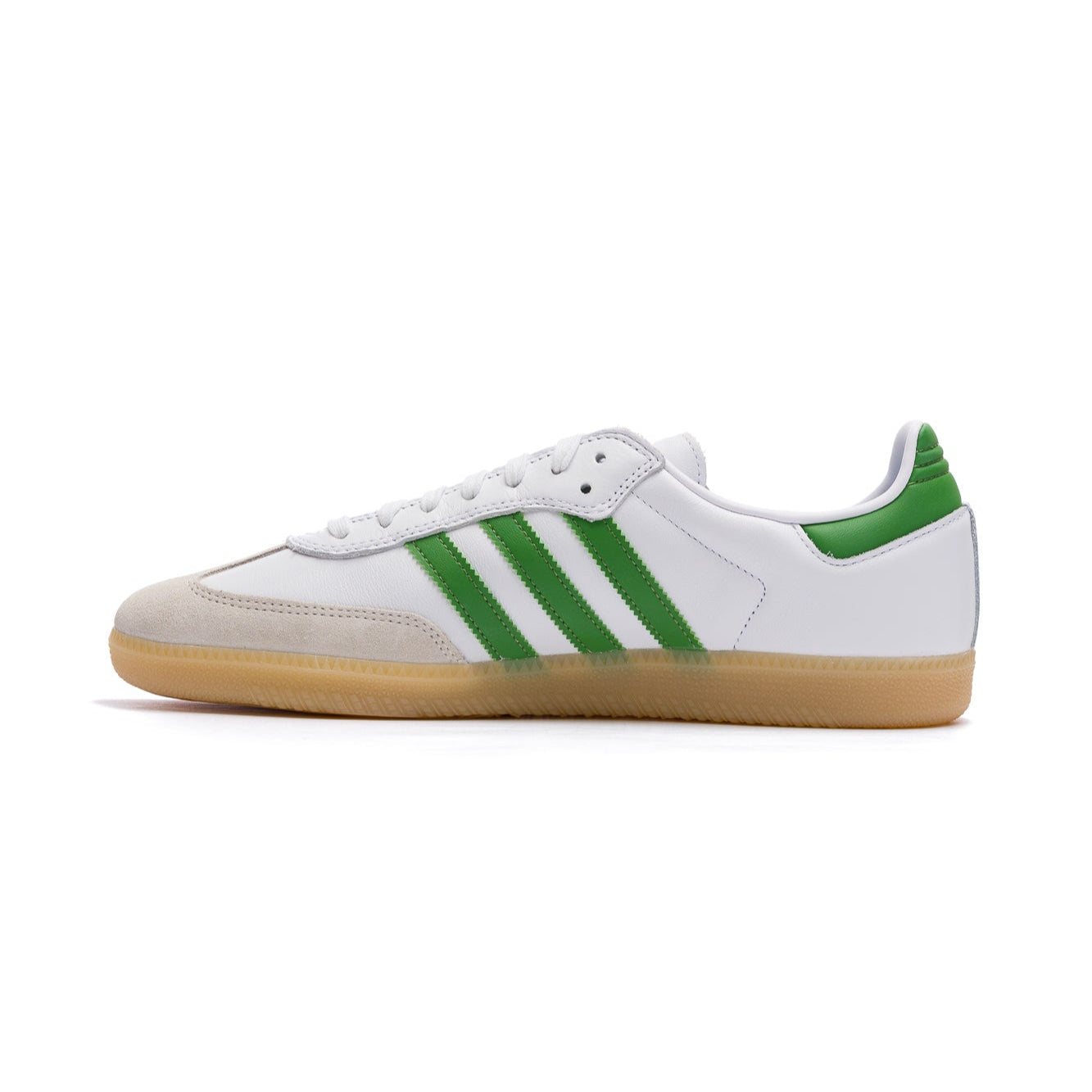 white leather adidas samba adv with grey suede to, gum sole and green stripes