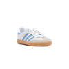 white adidas kids samba og with blue stripes and gum sole