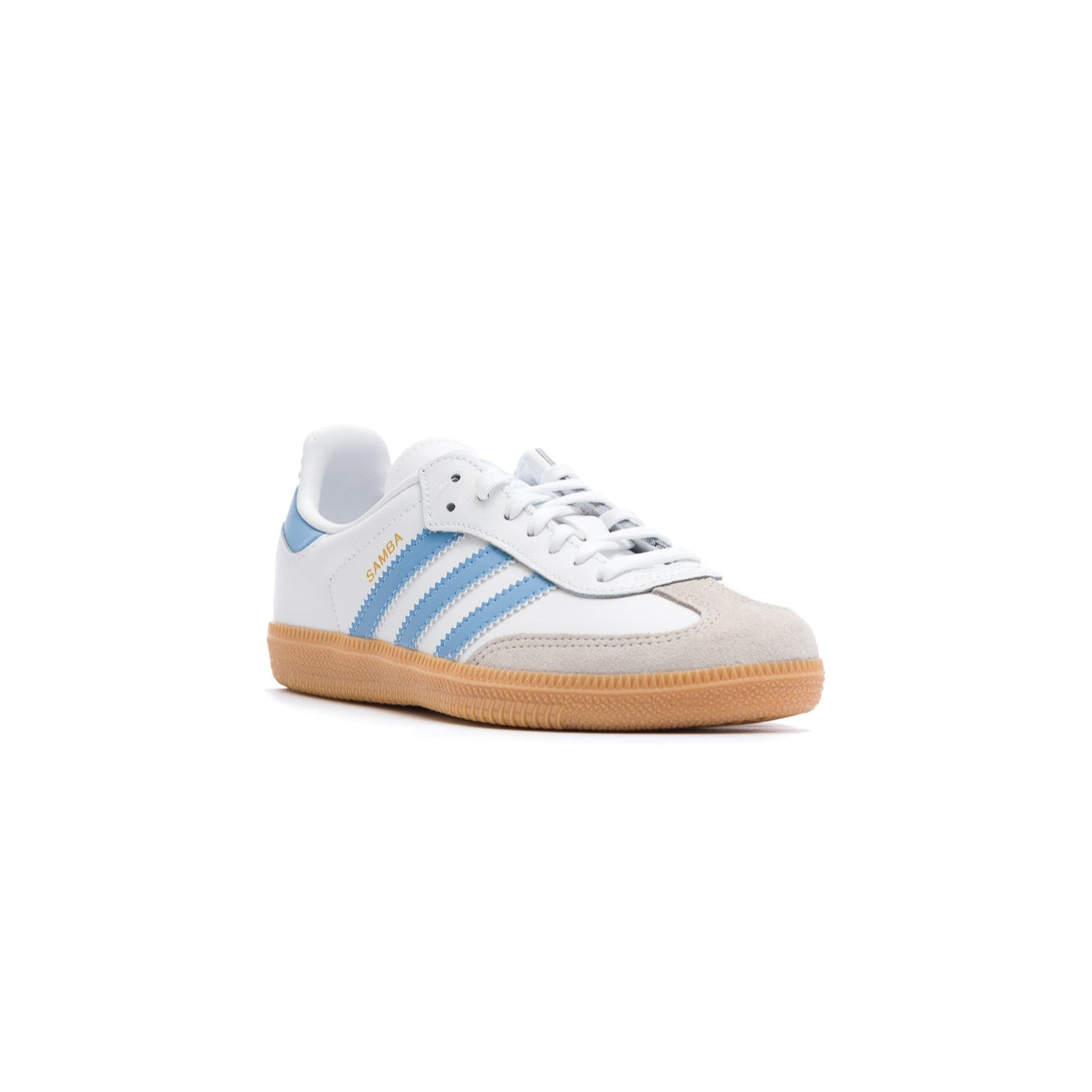 white adidas kids samba og with blue stripes and gum sole