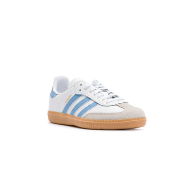 white adidas kids samba og with blue stripes and gum sole