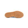 white adidas kids samba og with blue stripes and gum sole