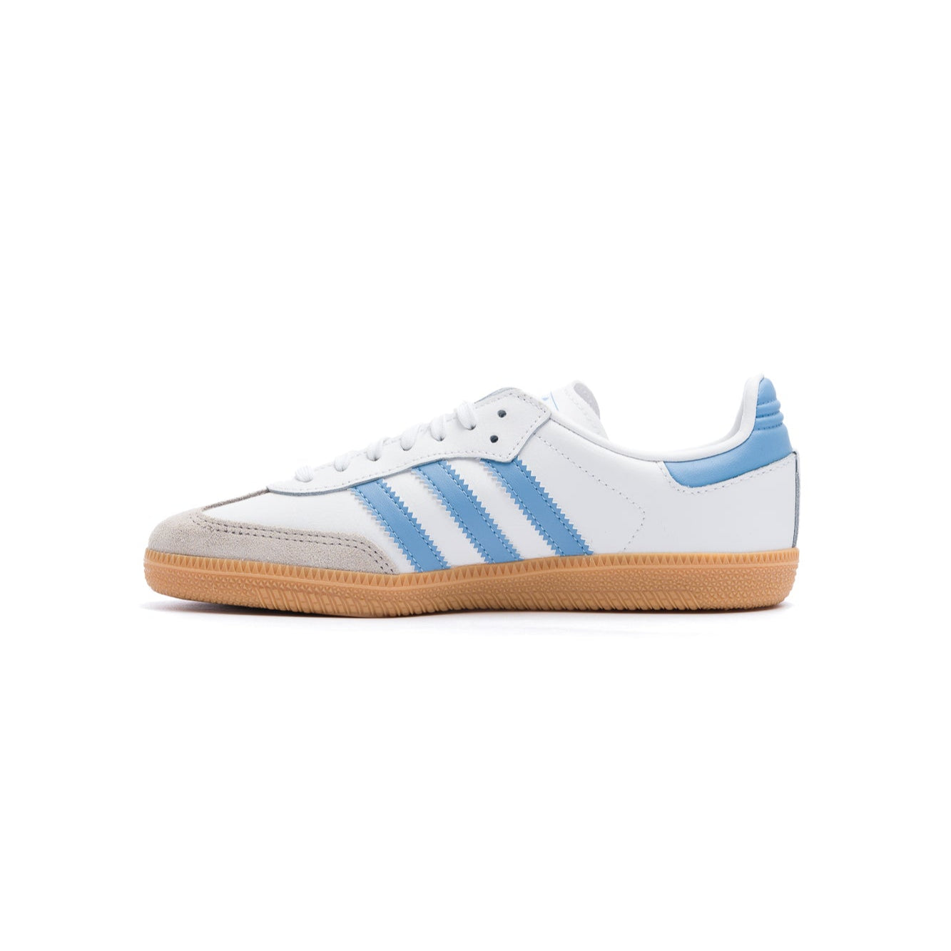 white adidas kids samba og with blue stripes and gum sole