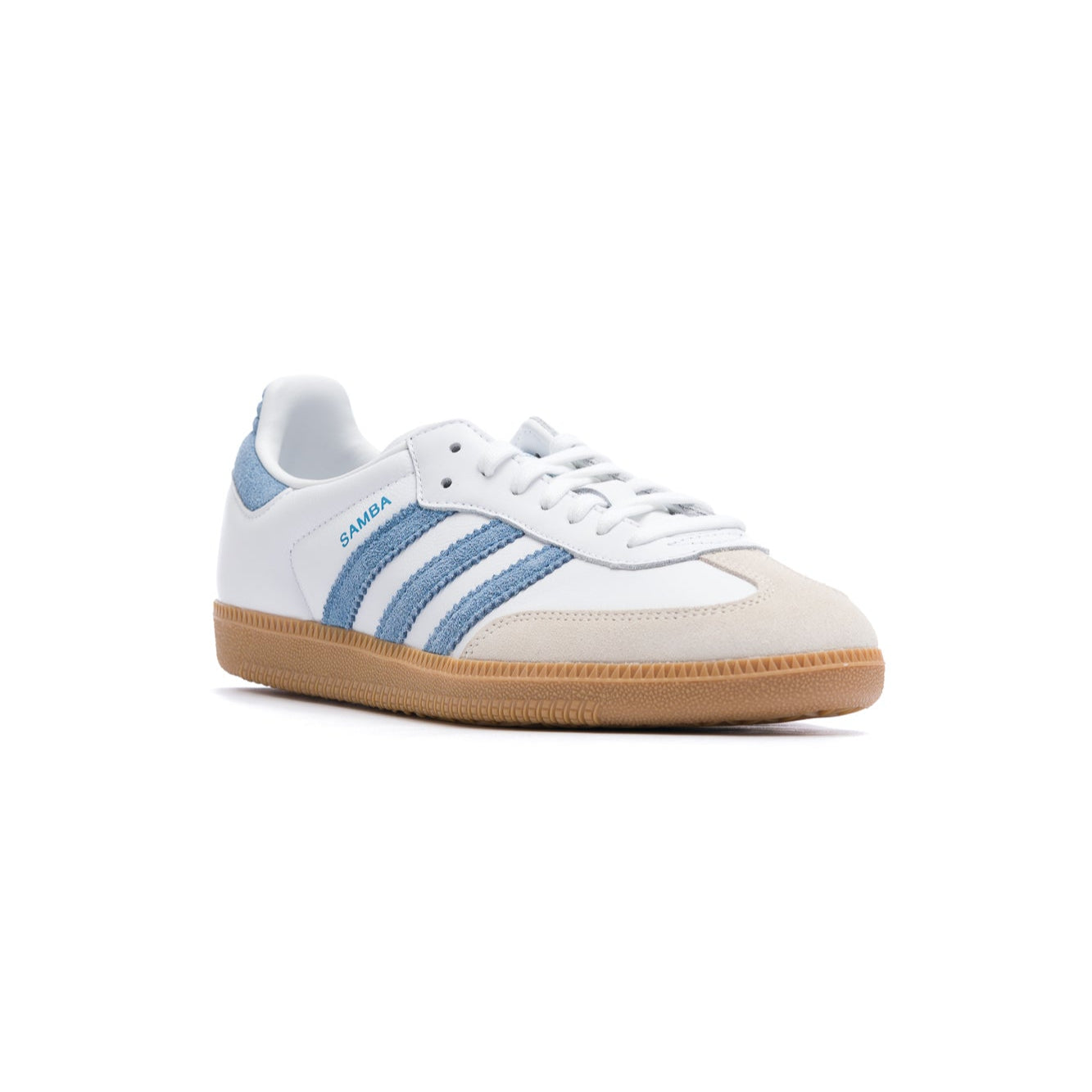 white adidas men's and women's adidas sambe og with blue stripes and gum sole