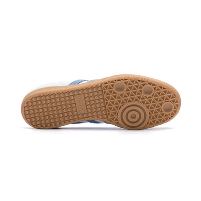 white adidas men's and women's adidas sambe og with blue stripes and gum sole