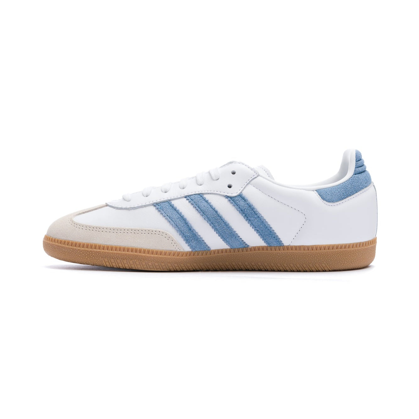 white adidas men's and women's adidas sambe og with blue stripes and gum sole