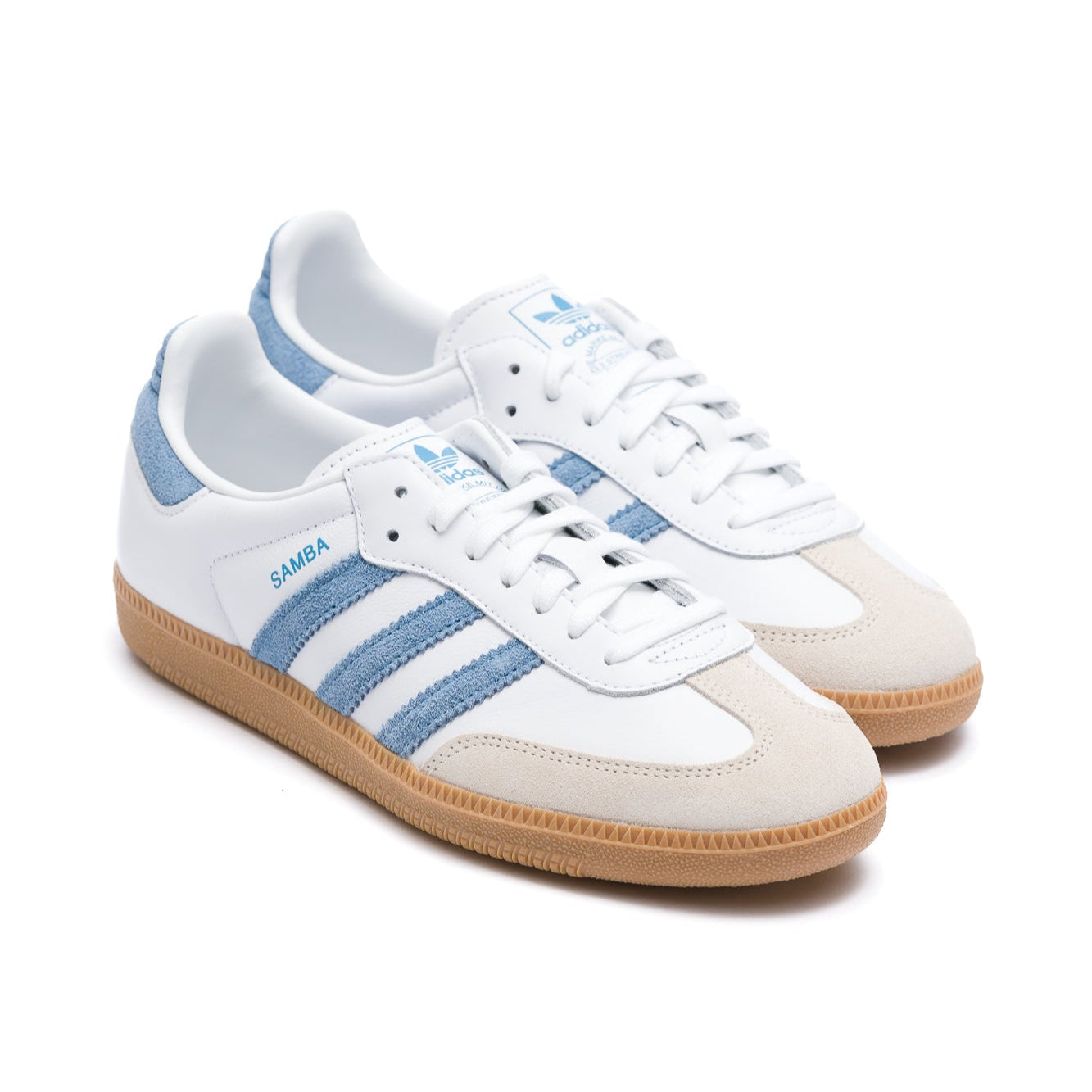 white adidas men's and women's adidas sambe og with blue stripes and gum sole