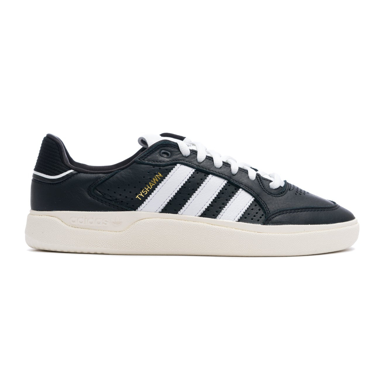 black leather adidas skateboarding tyshawn II skateboard shoes with white stripes, tongue and sole