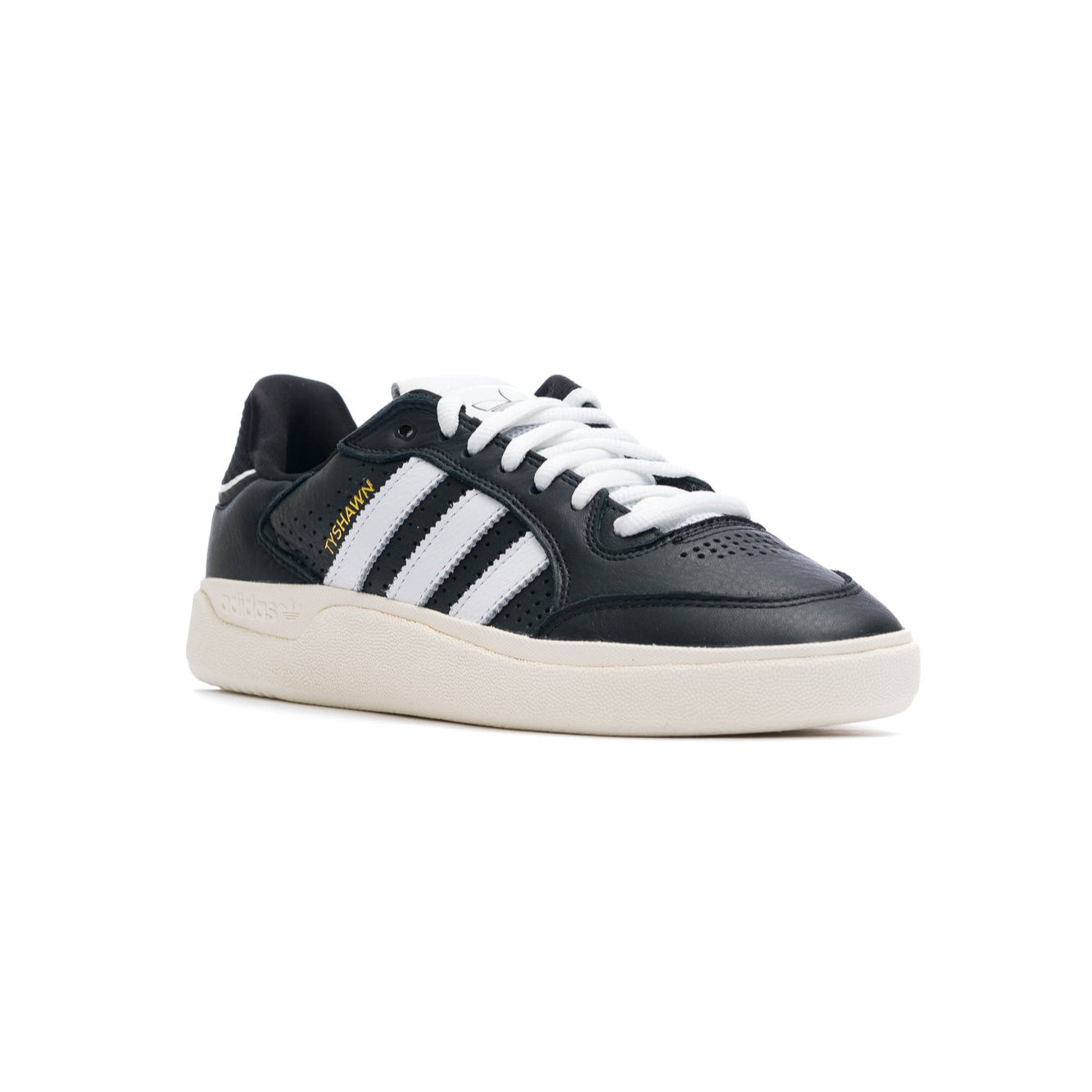 black leather adidas skateboarding tyshawn II skateboard shoes with white stripes, tongue and sole