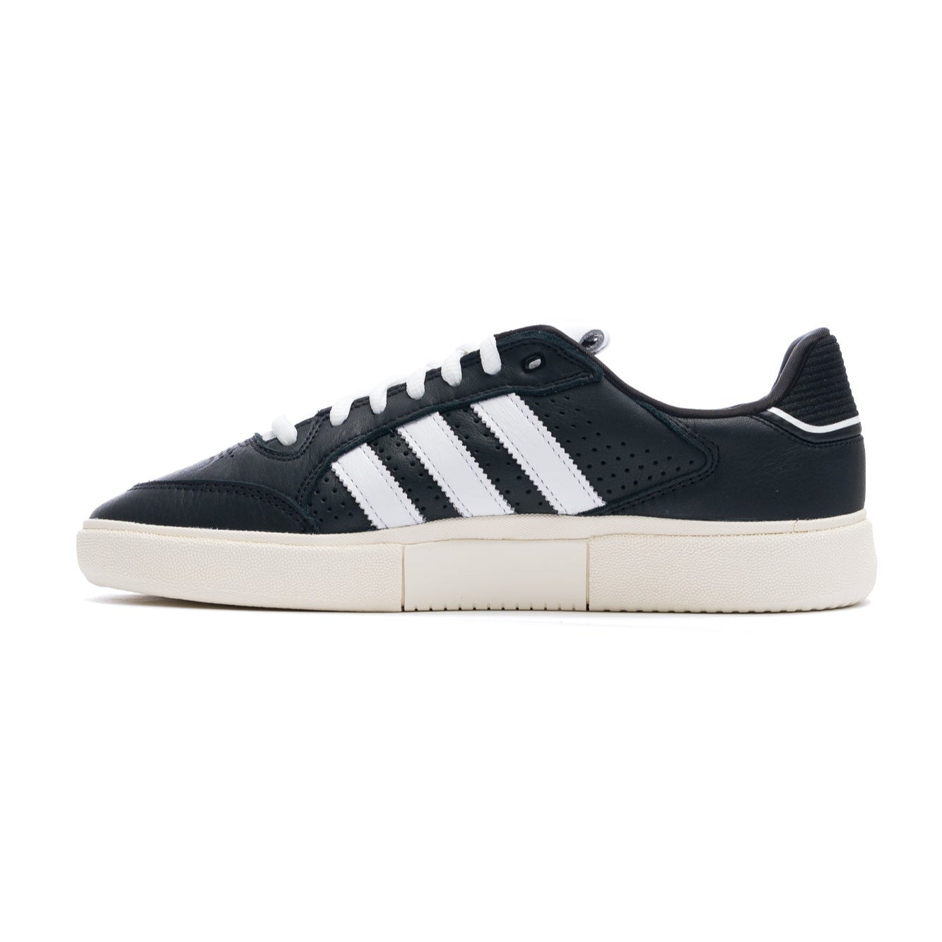 black leather adidas skateboarding tyshawn II skateboard shoes with white stripes, tongue and sole