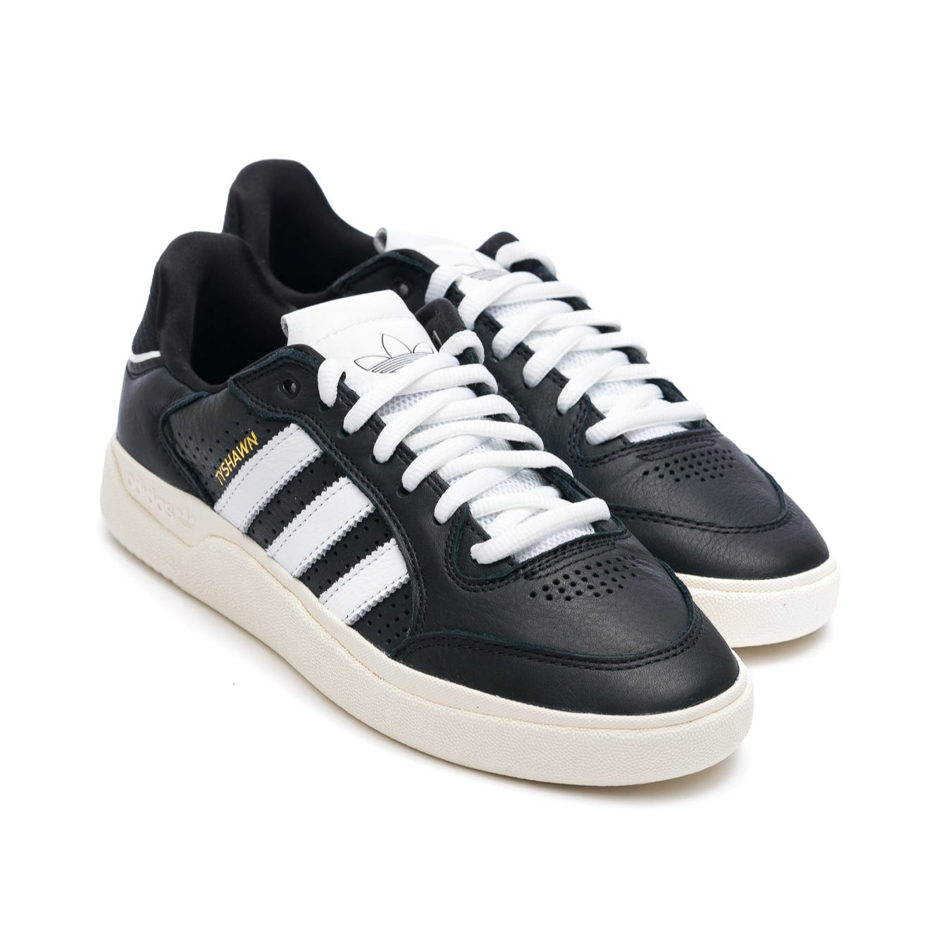black leather adidas skateboarding tyshawn II skateboard shoes with white stripes, tongue and sole