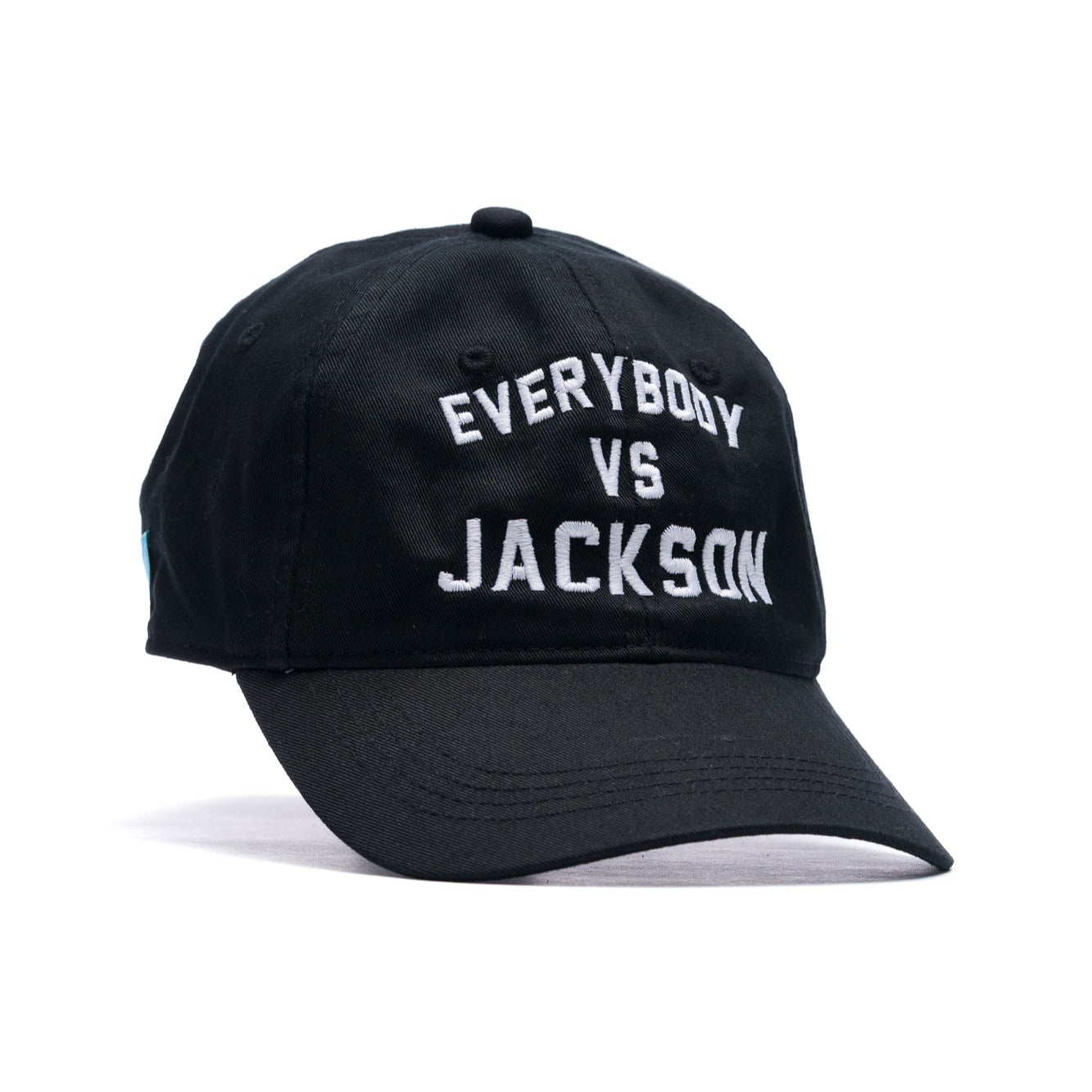 black adjustable hat from project chane with Everybody VS Jackson embroidered in white