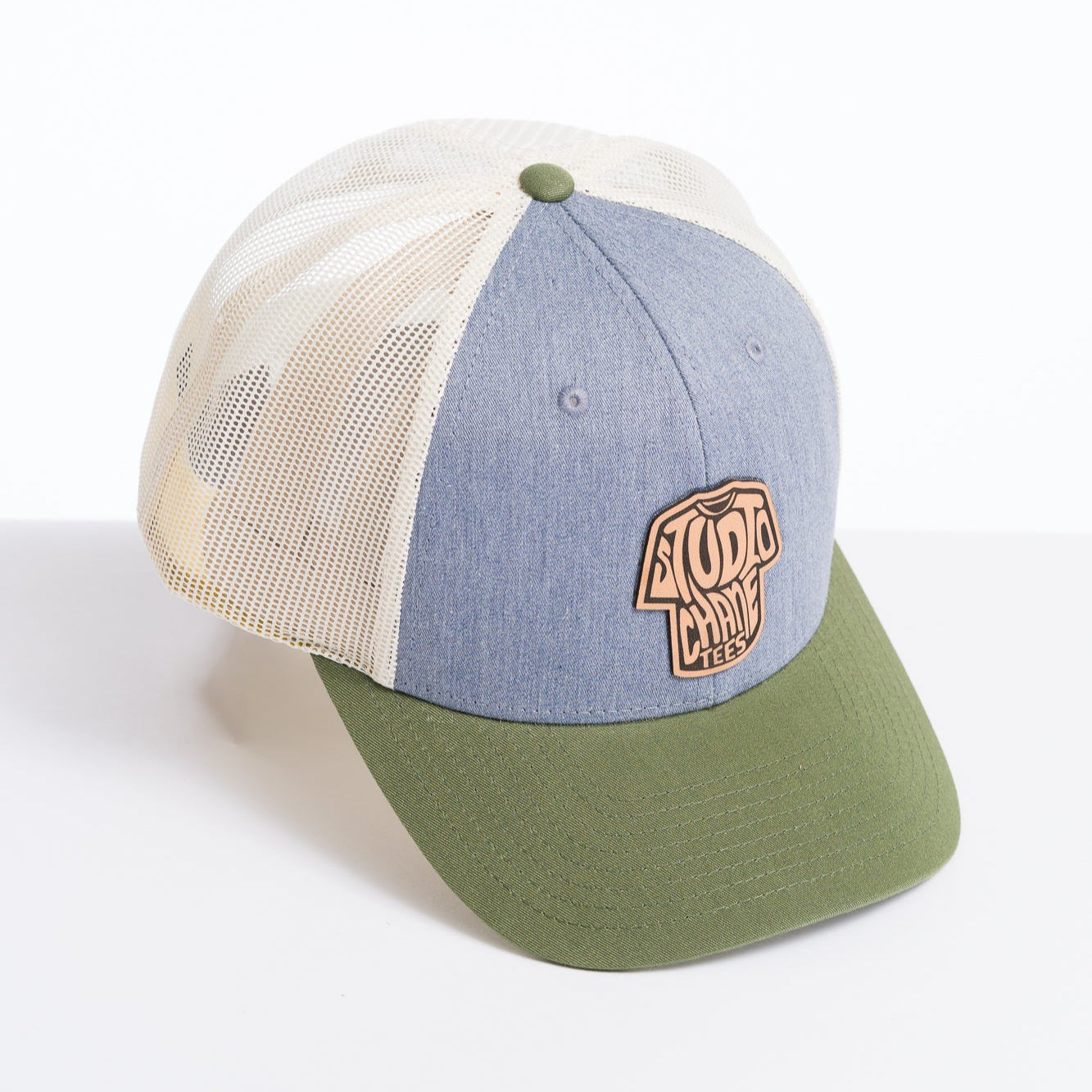 green, grey and white Studio Chane leather patch trucker hat