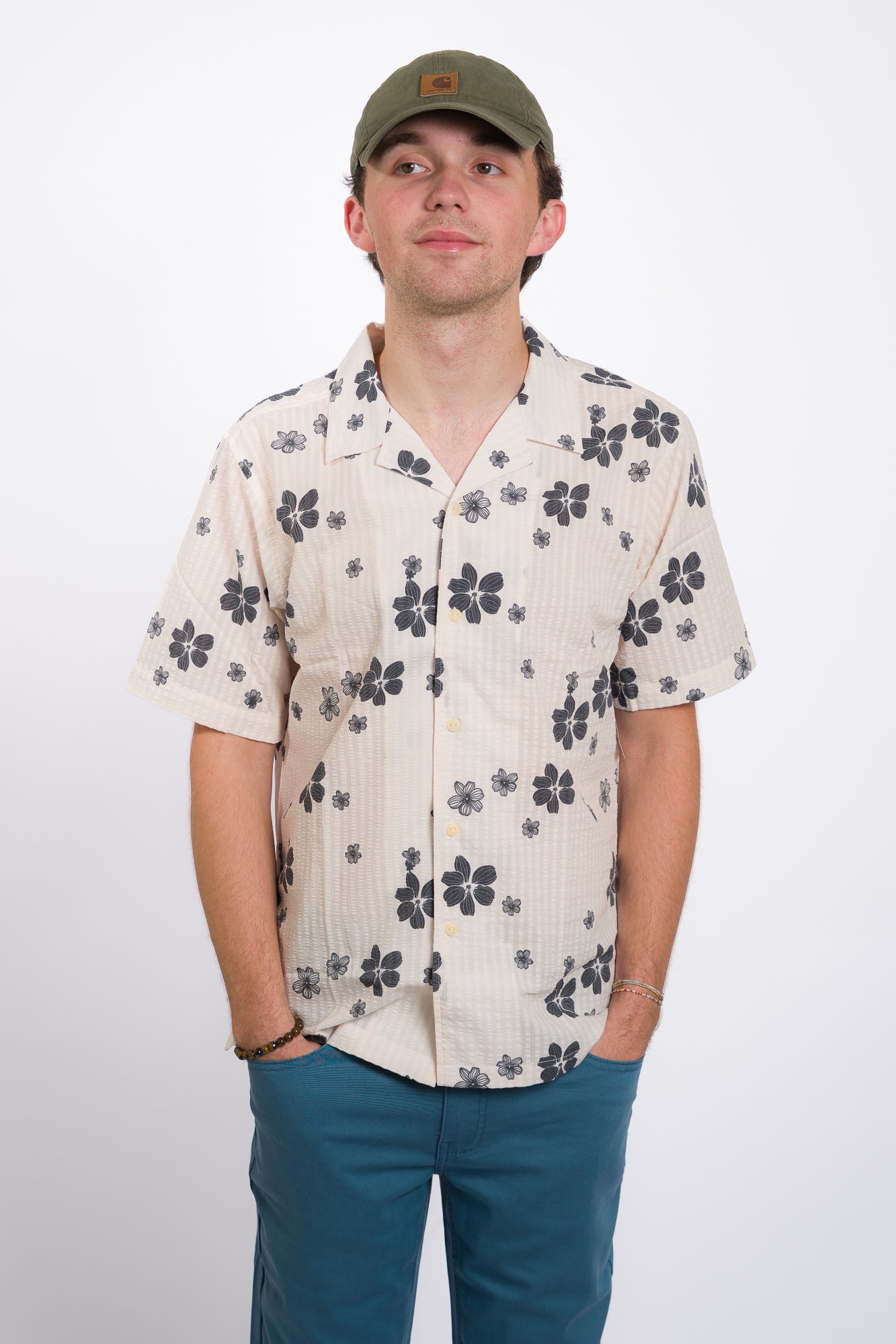 men's white ezekiel button-up playa camp short sleeve woven with black floral print
