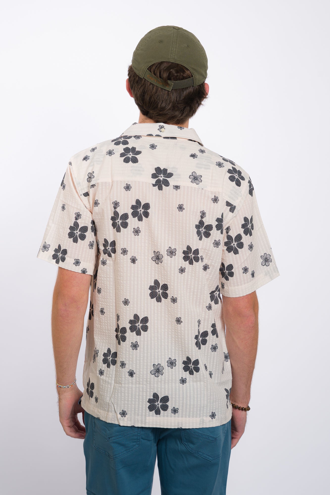 men's white ezekiel button-up playa camp short sleeve woven with black floral print