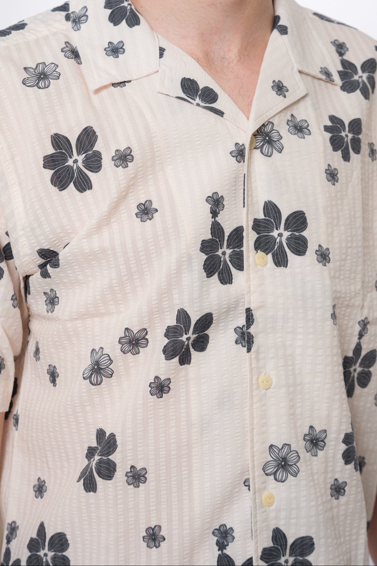 men's white ezekiel button-up playa camp short sleeve woven with black floral print