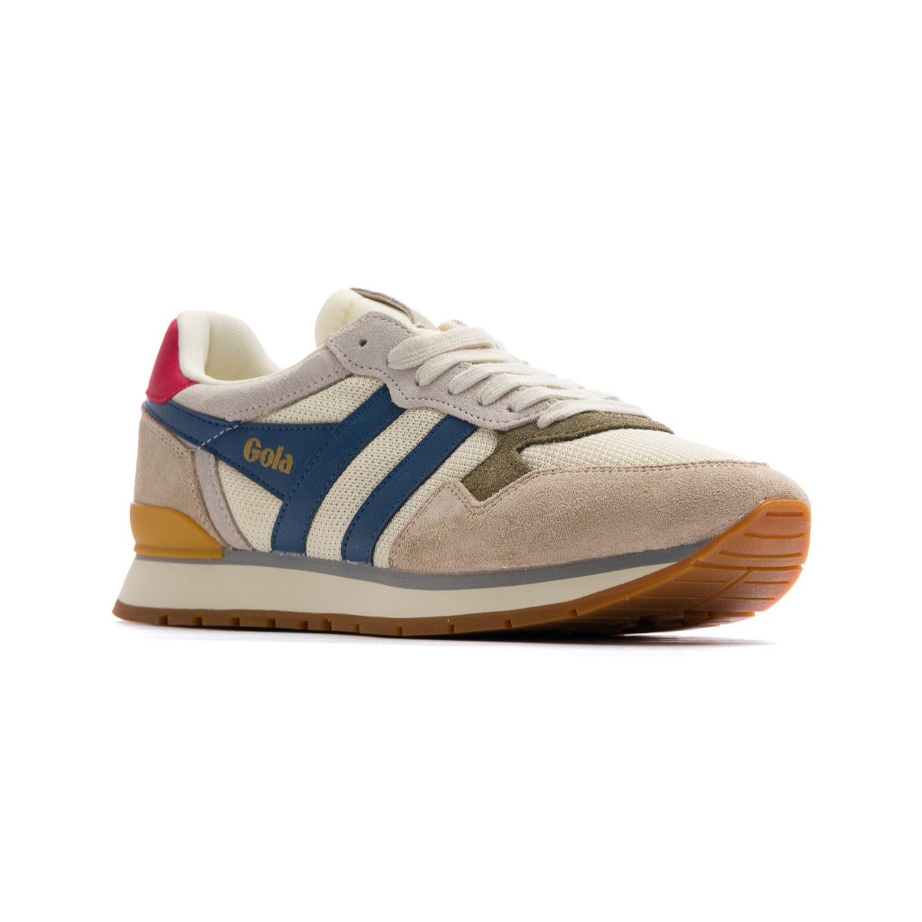 gola men's colorado sneakers with tan suede, blue gola logo on the side panel, red and yellow on the back heel
