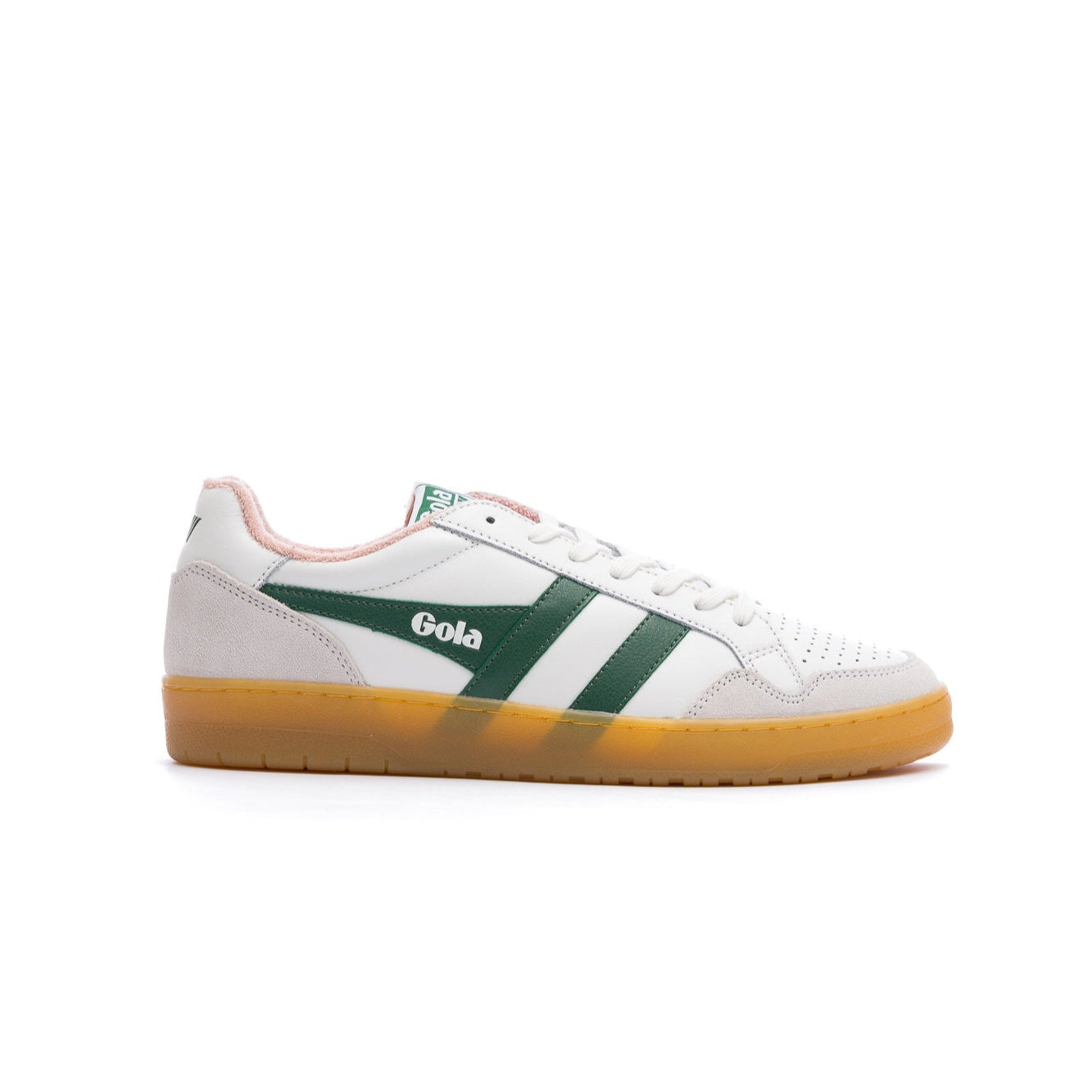white gola women's eagle 86 with green stripes, pink liner and gum sole