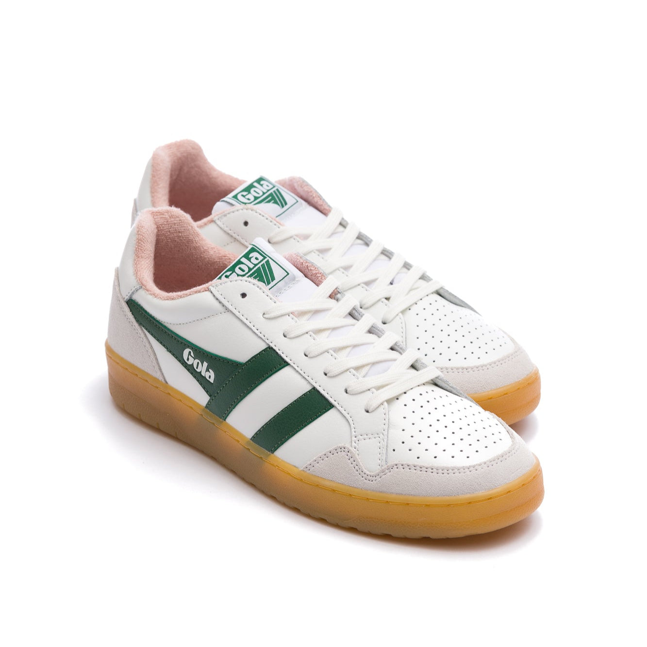 white gola women's eagle 86 with green stripes, pink liner and gum sole