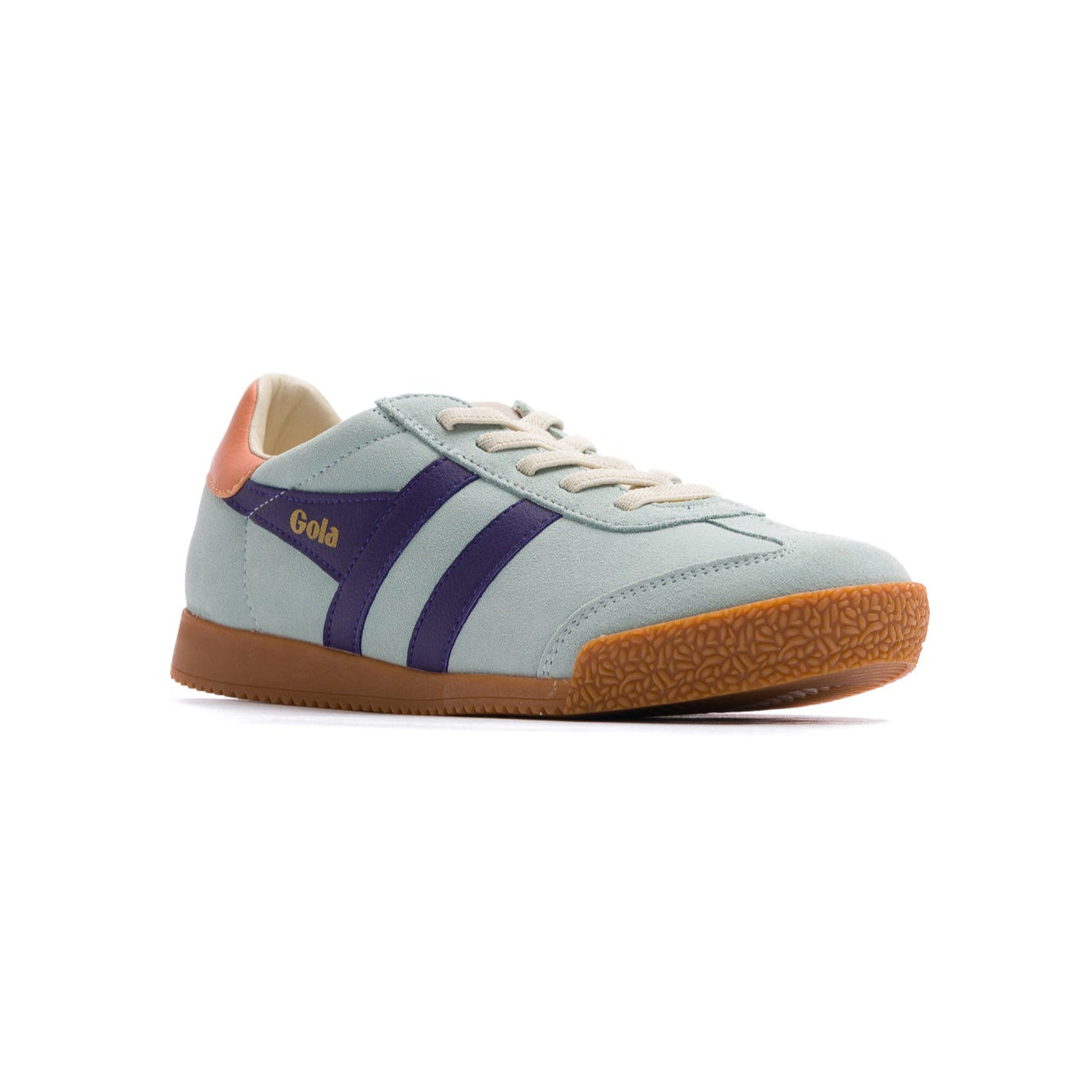 gola elan kids sneakers with light blue suede upper, purple leather side logo, pink heel and gum sole
