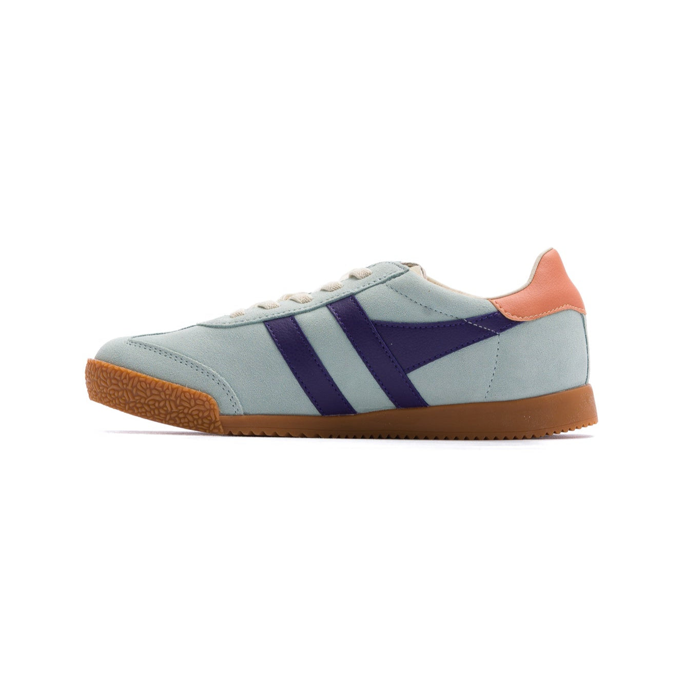 gola elan kids sneakers with light blue suede upper, purple leather side logo, pink heel and gum sole