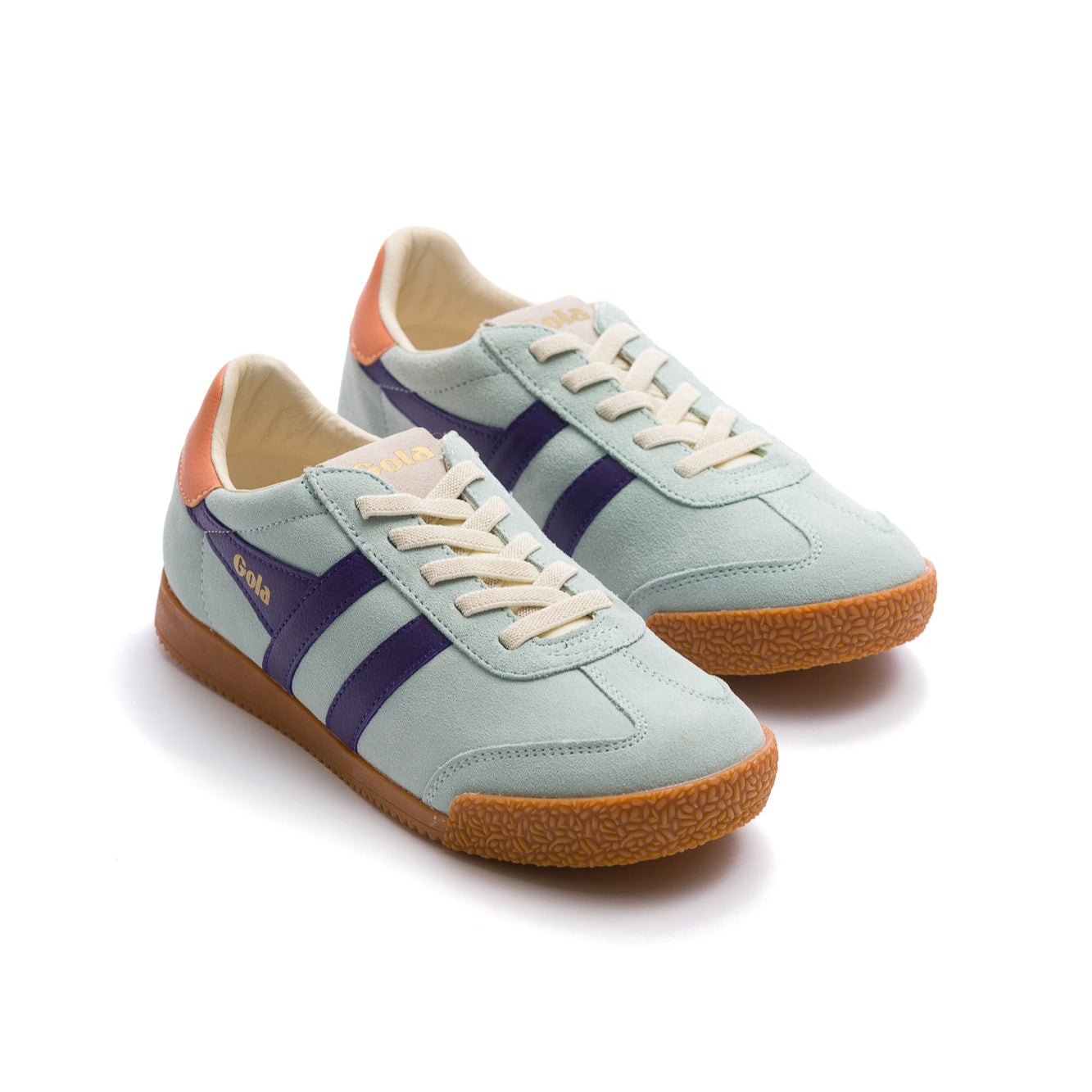 gola elan kids sneakers with light blue suede upper, purple leather side logo, pink heel and gum sole