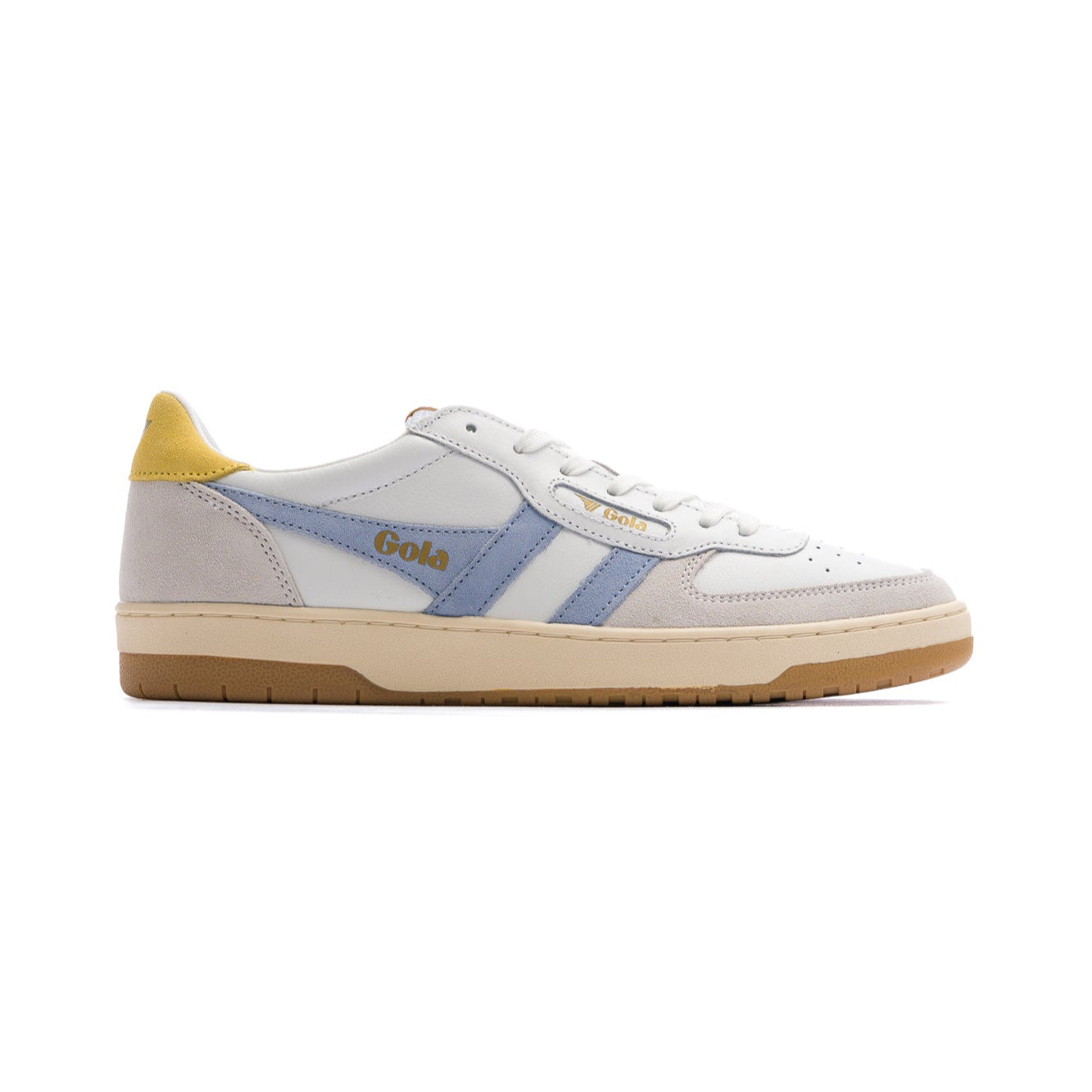 white gola women's hawk sneakers with blue logo side stripe, yellow heel and off white sole