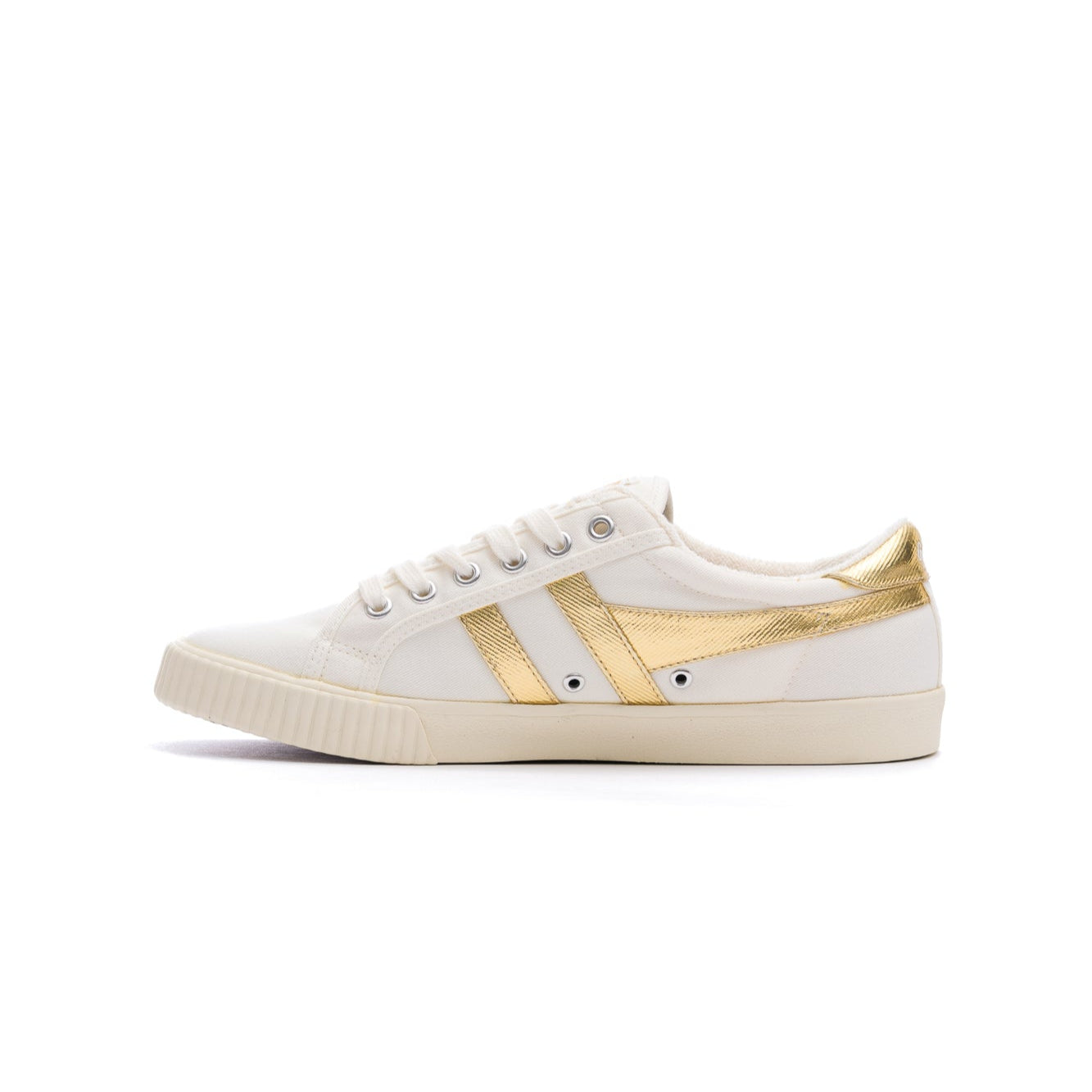 white gola women's tennis mark cox with metallic gold stripes and off white sole