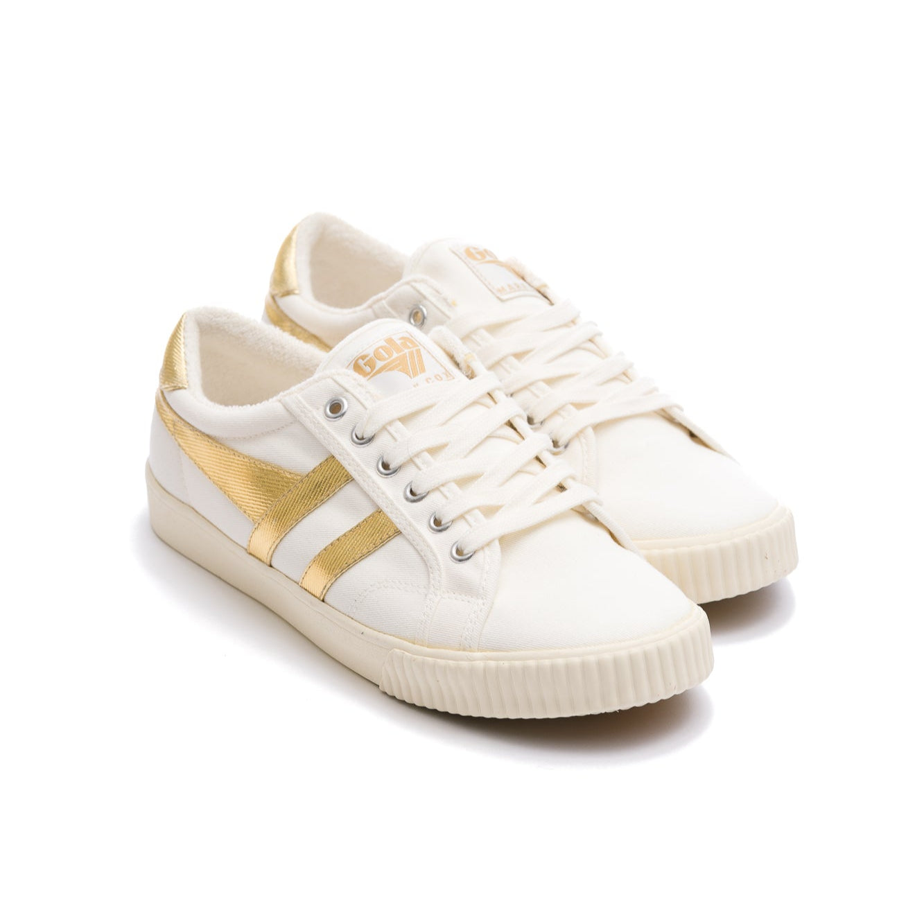 white gola women's tennis mark cox with metallic gold stripes and off white sole