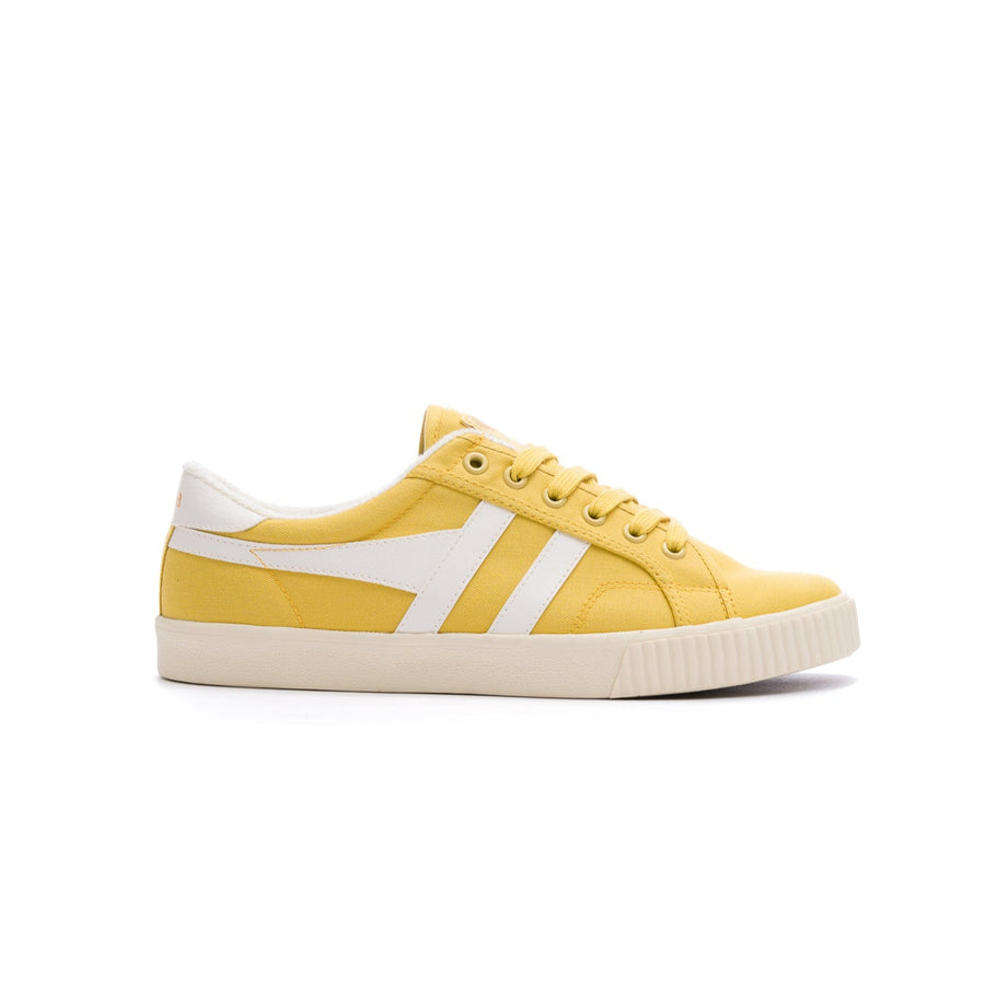 yellow gola women's tennis mark cox with white stripes and off white sole