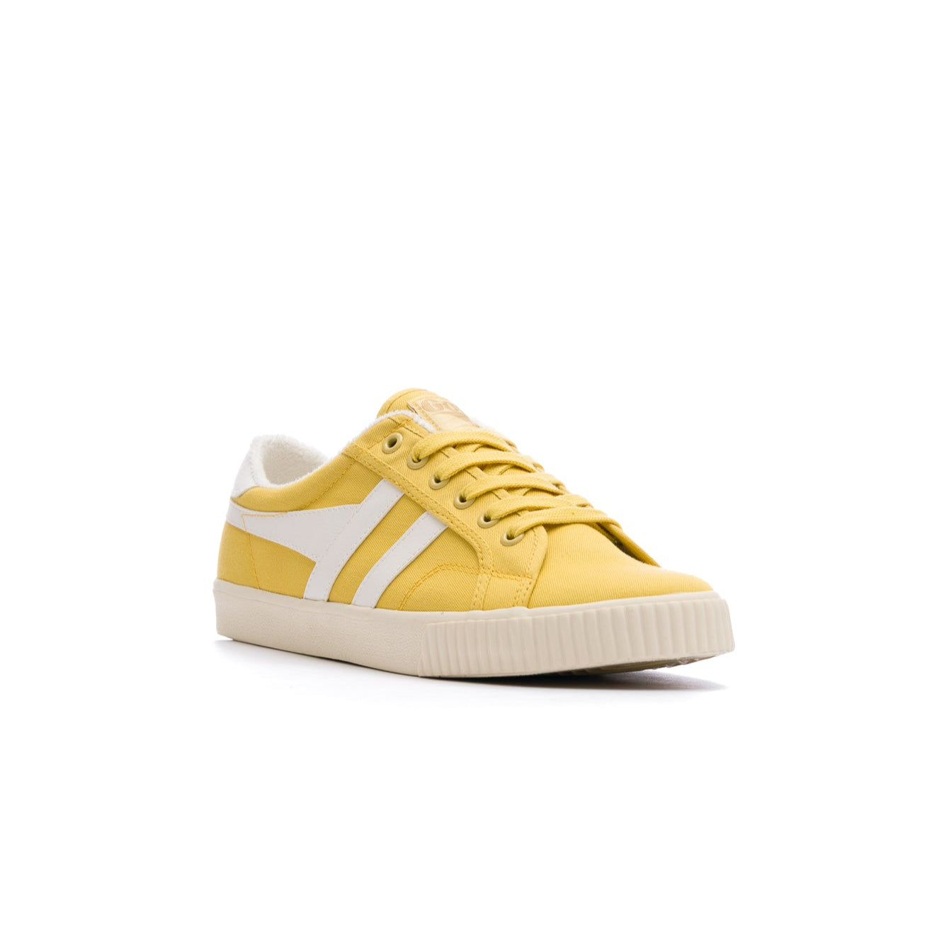 yellow gola women's tennis mark cox with white stripes and off white sole