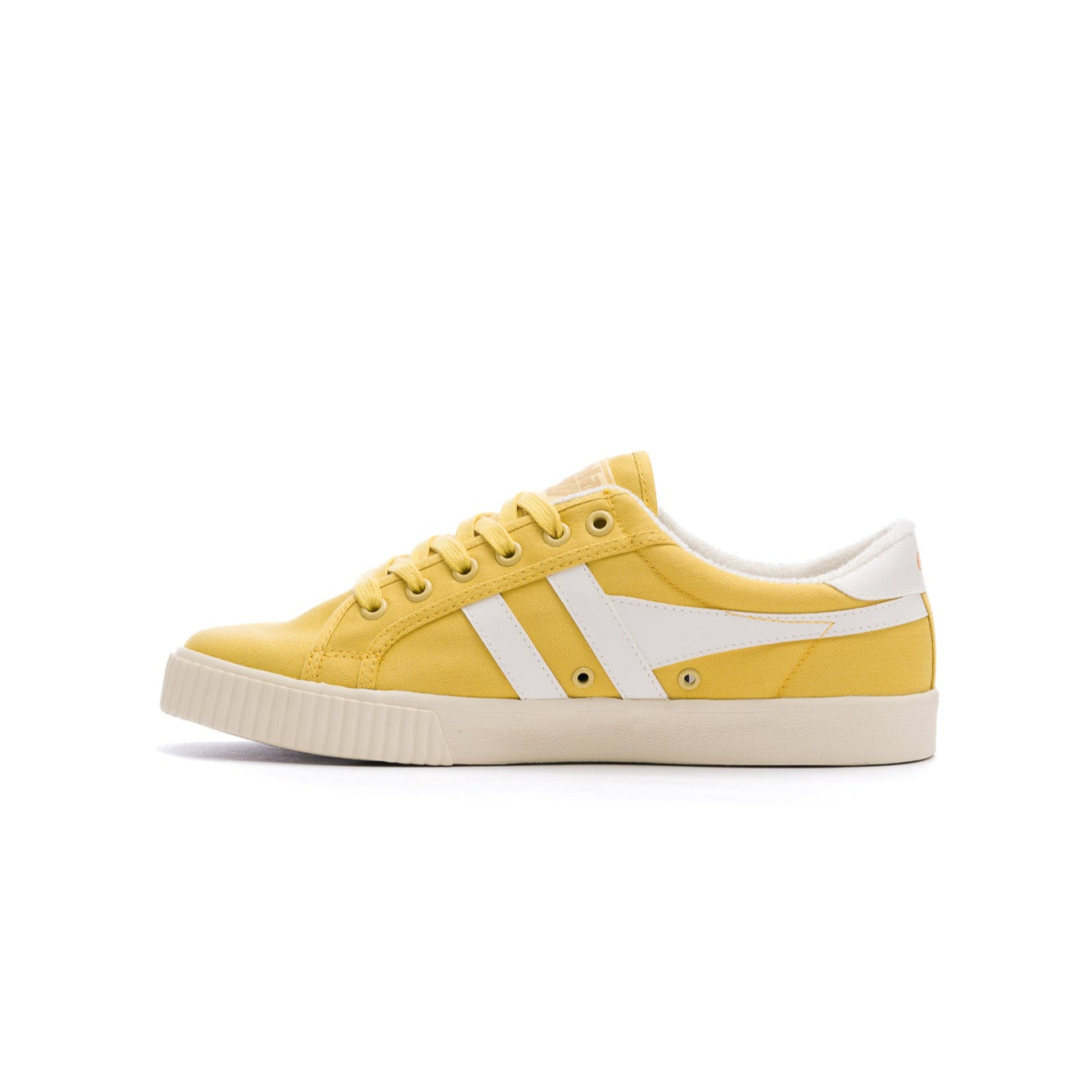 yellow gola women's tennis mark cox with white stripes and off white sole