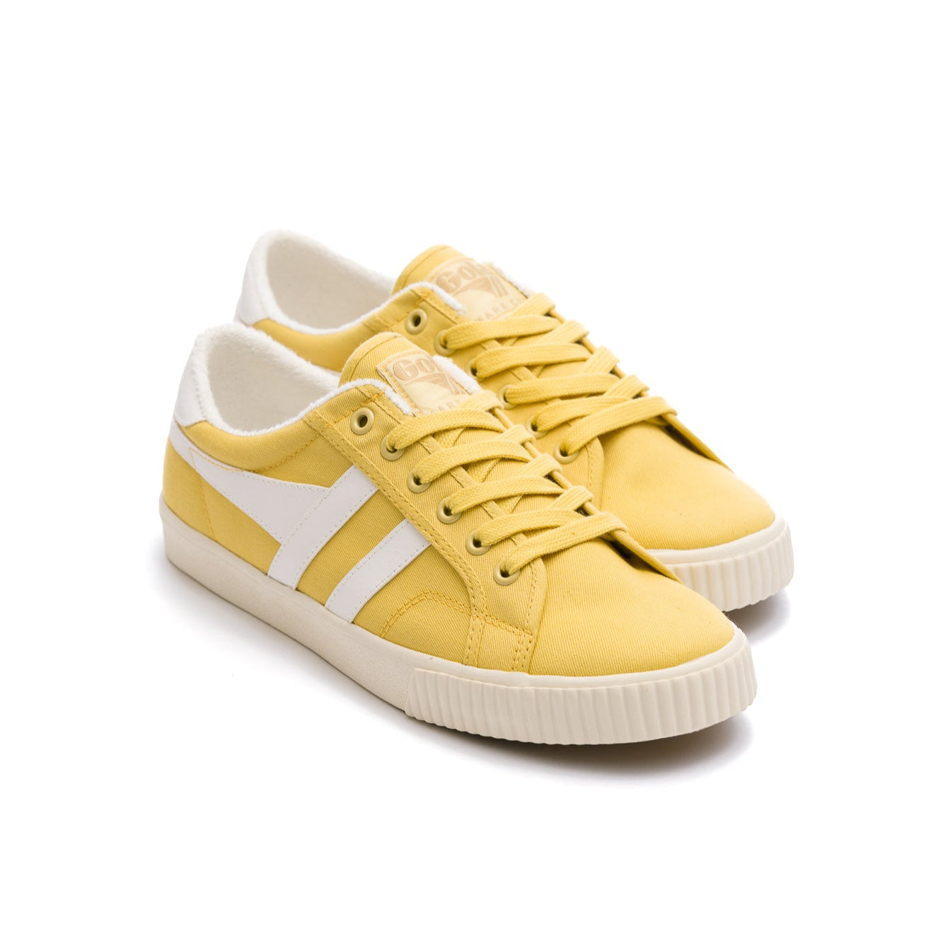 yellow gola women's tennis mark cox with white stripes and off white sole