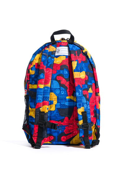 multi-colored herschel x lego heritage youth backpack featuring lego bricks
