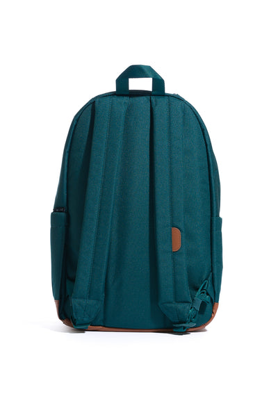 teal green herschel pop quiz backpack with white front pocket zipper and tan bottom