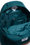 teal green herschel pop quiz backpack with white front pocket zipper and tan bottom