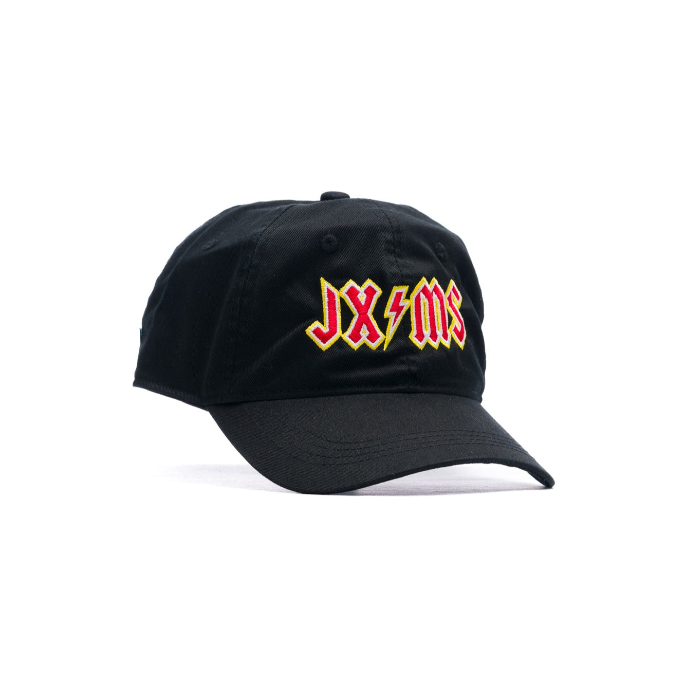 black project chane hat with jx/ms in red, white, and yellow in the style of ac/dc