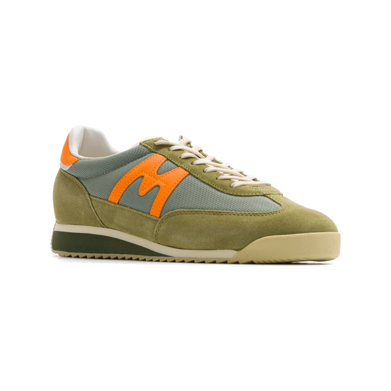 green men's karhu mestari sneaker with orange M and heel tab