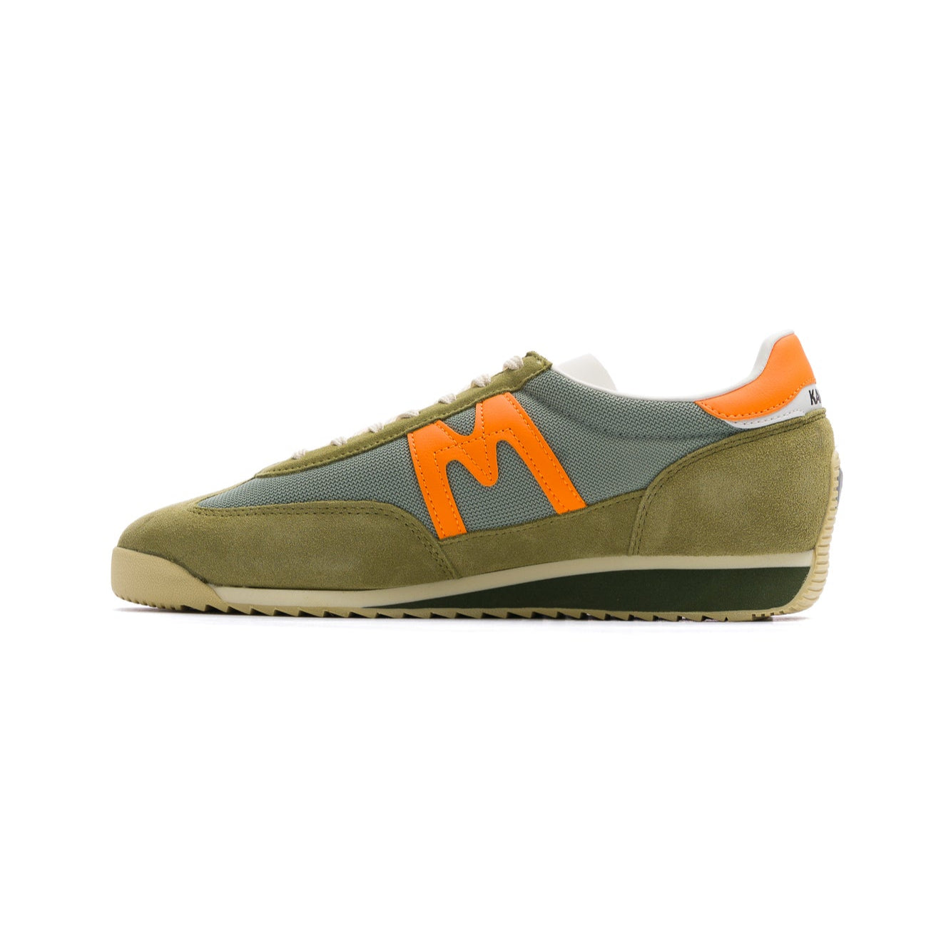 green men's karhu mestari sneaker with orange M and heel tab