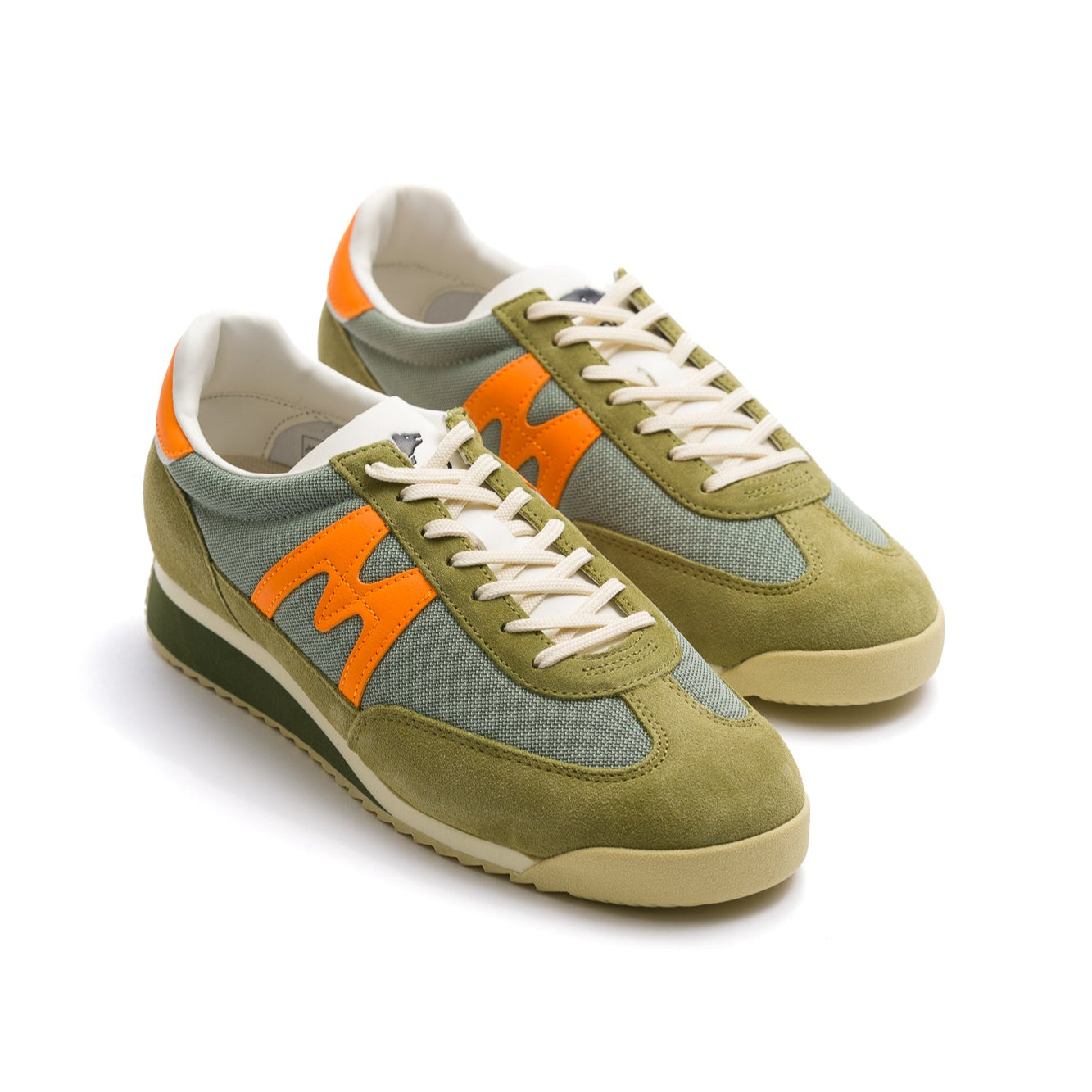 green men's karhu mestari sneaker with orange M and heel tab