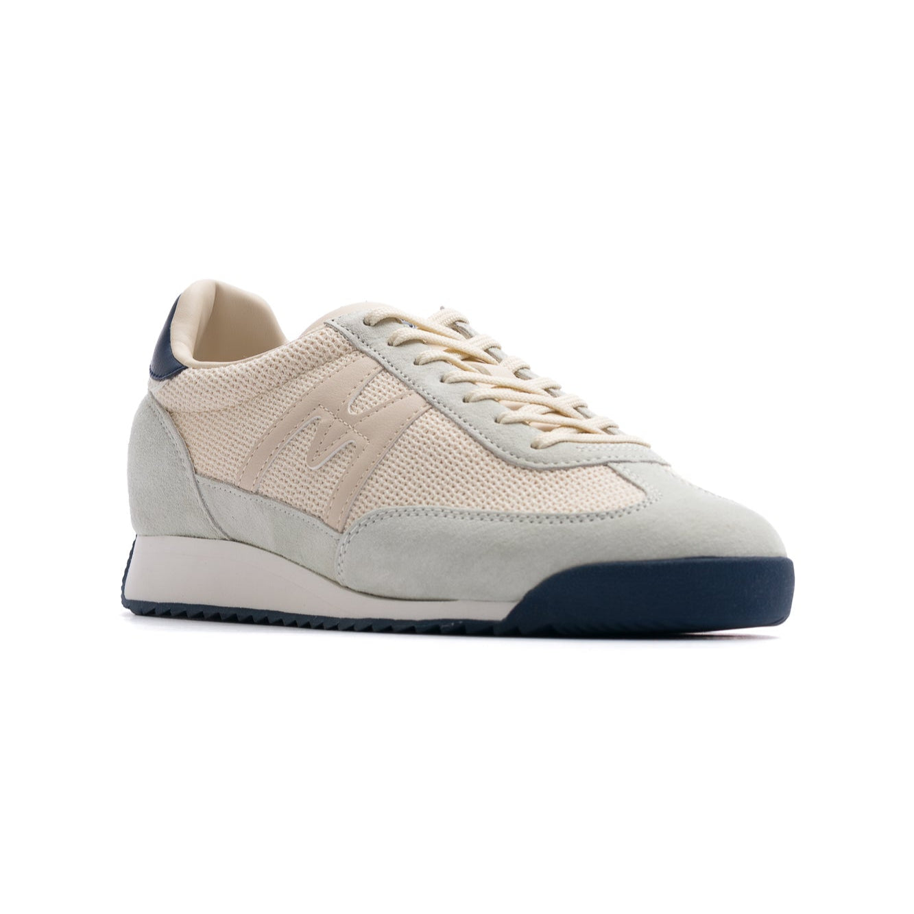 grey and off white karhu women's mestari sneaker with off white and navy sole
