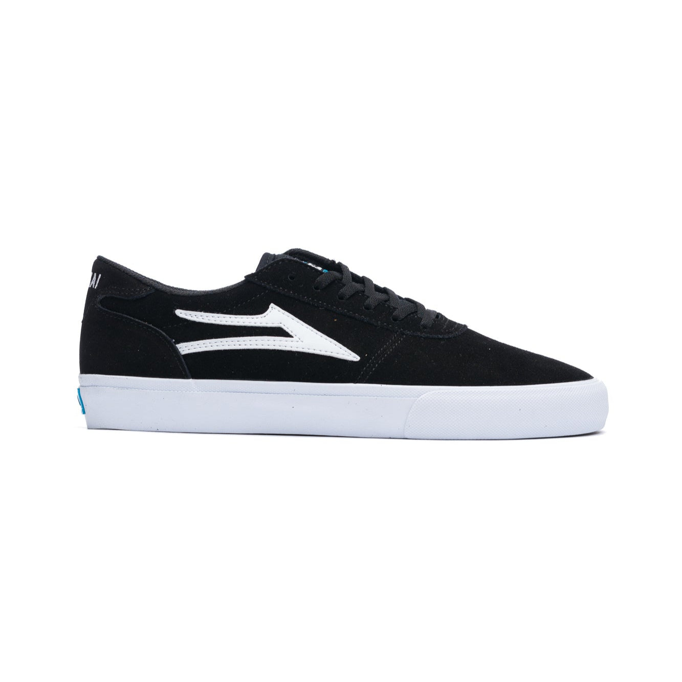 Black lakai manchester skateboarding sneaker with a white logo on a white background