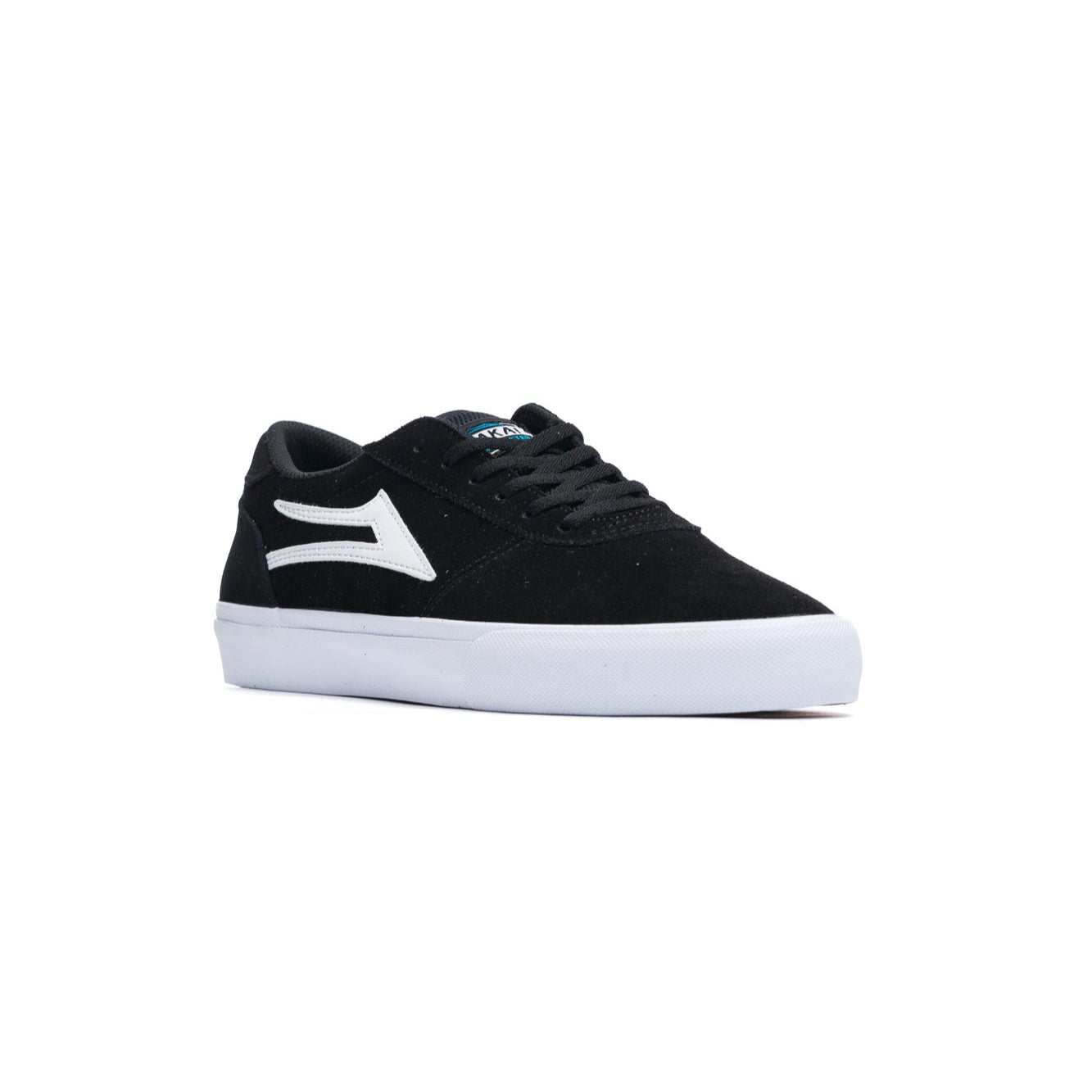 Black lakai manchester skateboarding sneaker with a white logo on a white background