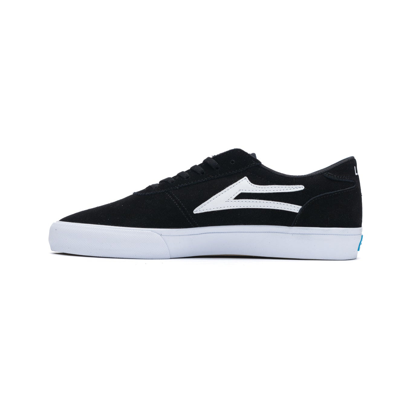 Black lakai manchester skateboarding sneaker with a white logo on a white background