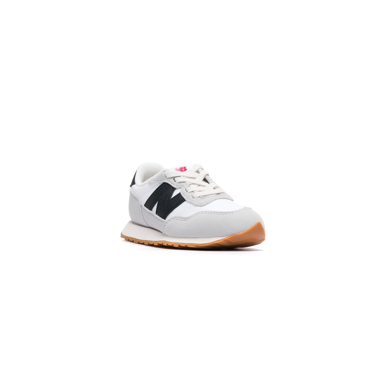 White new balance 237 toddler sneaker with black accents on a white background