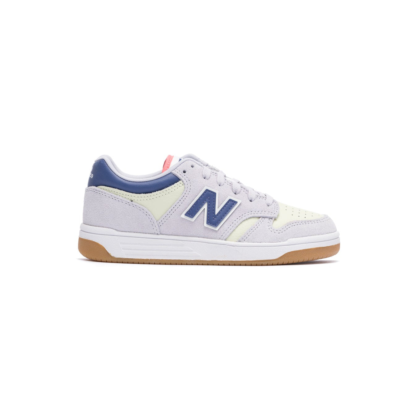 light purple new balance kids 480 with blue N and details with a white sole