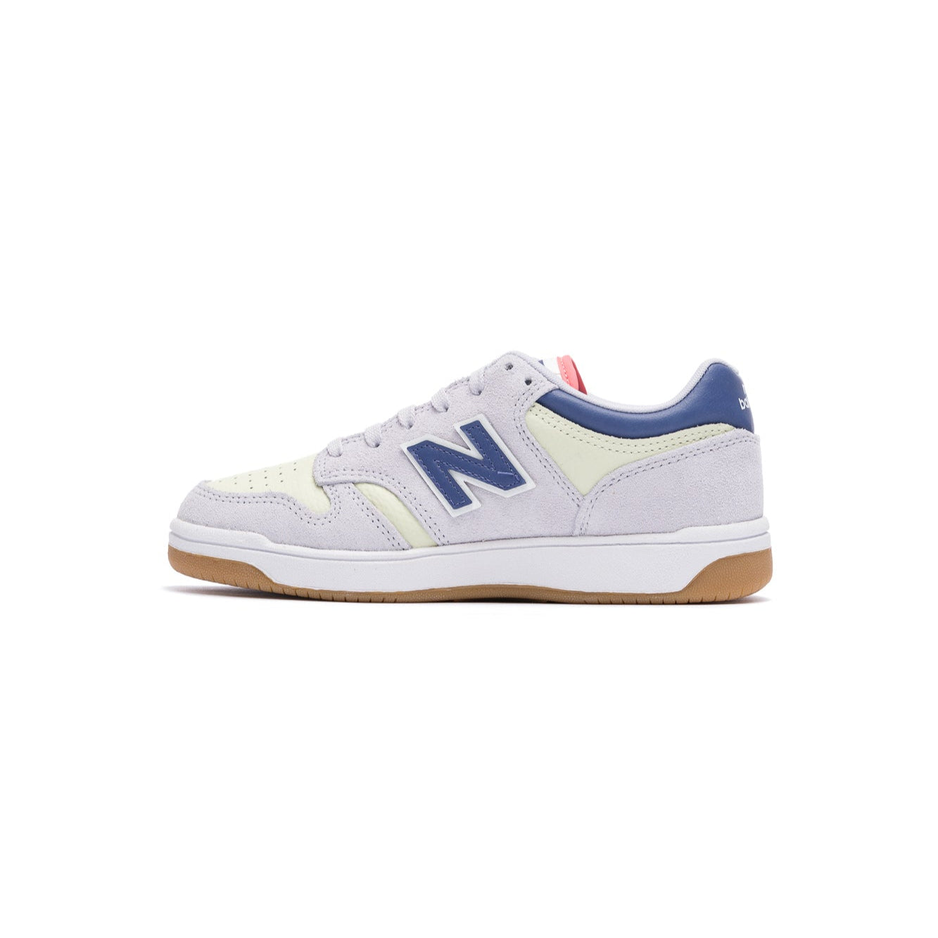 light purple new balance kids 480 with blue N and details with a white sole