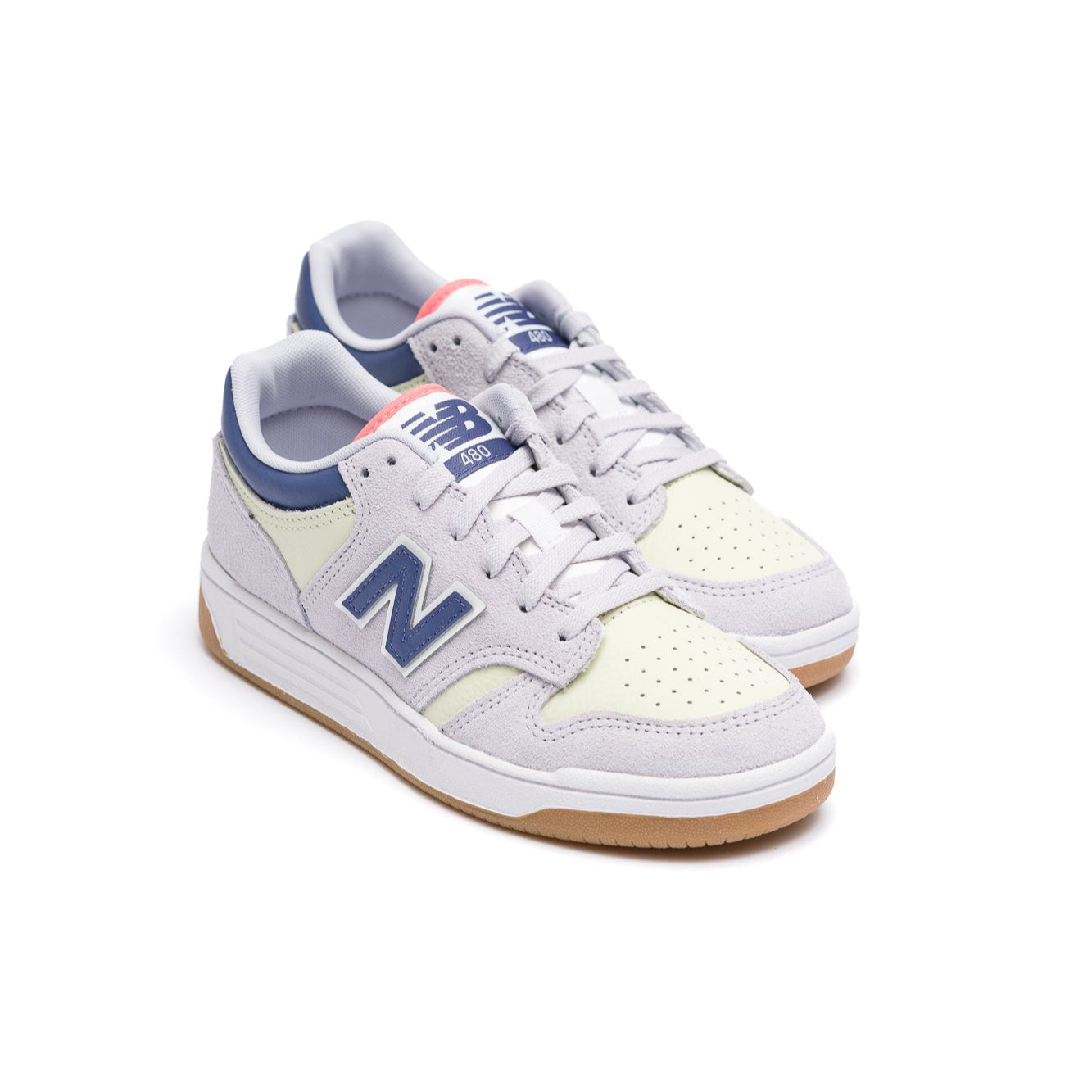 light purple new balance kids 480 with blue N and details with a white sole