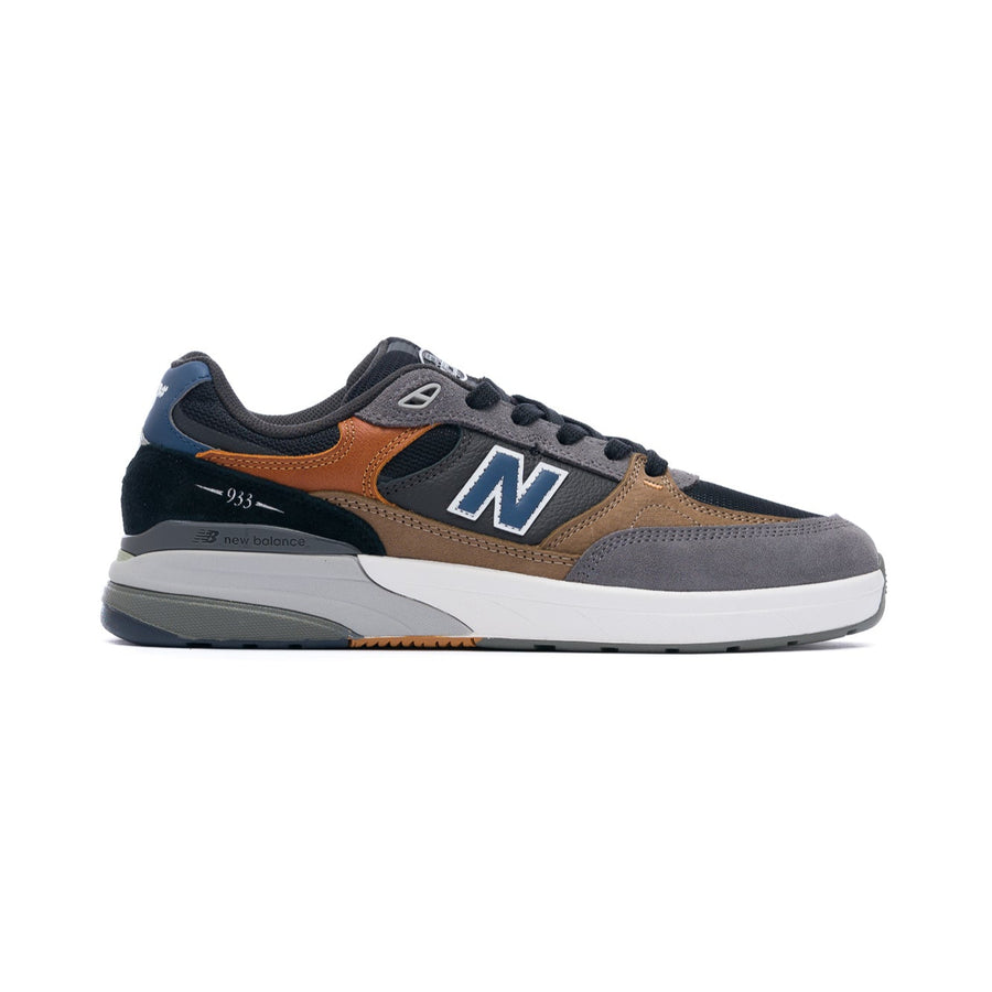 grey, black and brown new balance numeric 933 andrew reynolds men's skateboard shoe with white and grey sole