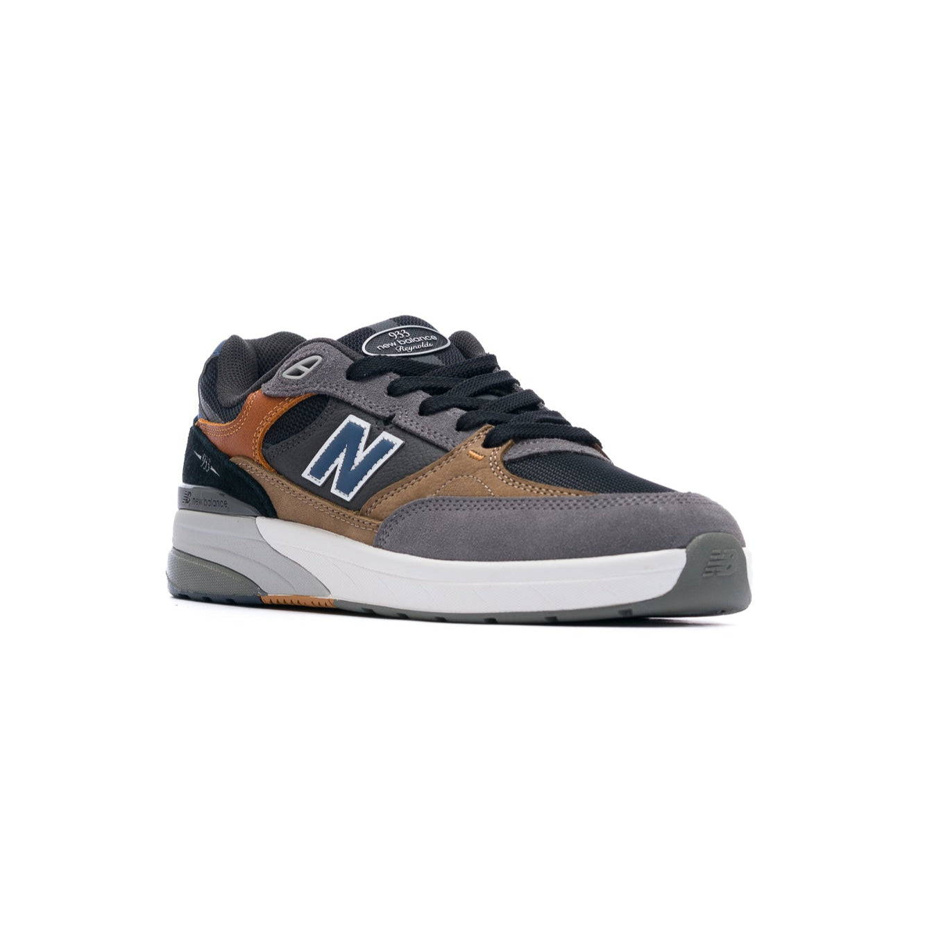 grey, black and brown new balance numeric 933 andrew reynolds men's skateboard shoe with white and grey sole